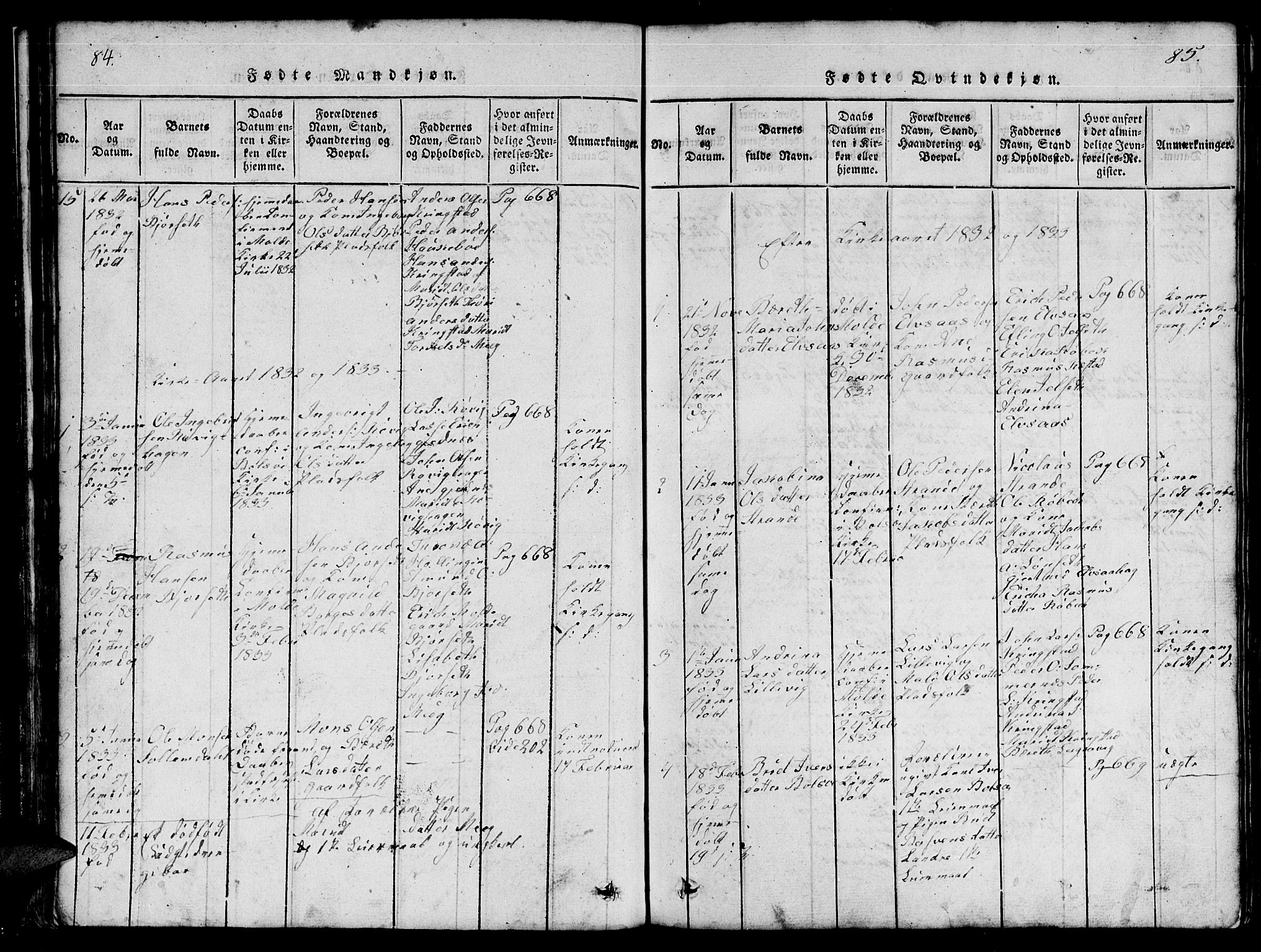 Ministerialprotokoller, klokkerbøker og fødselsregistre - Møre og Romsdal, SAT/A-1454/555/L0665: Parish register (copy) no. 555C01, 1818-1868, p. 84-85