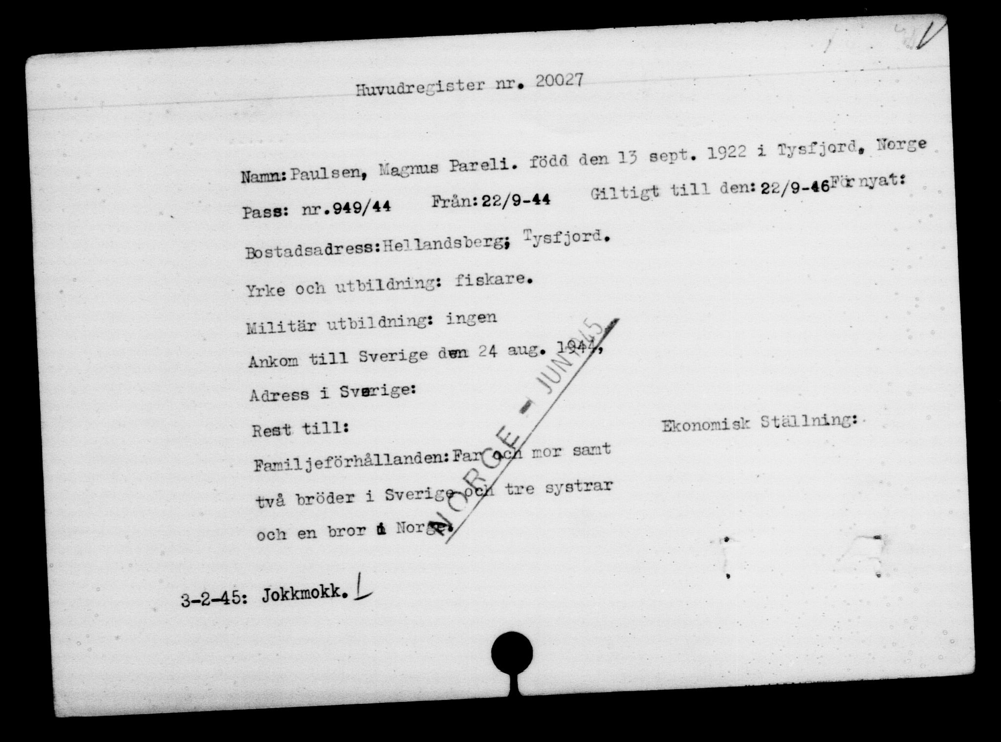 Utenriksstasjonene, Legasjonen i Stockholm, Flyktningkontoret, AV/RA-S-6753/V/Va/L0009: Kjesäterkartoteket, flyktninger med registreringsnr. 18502-22048, 1940-1945, p. 1693