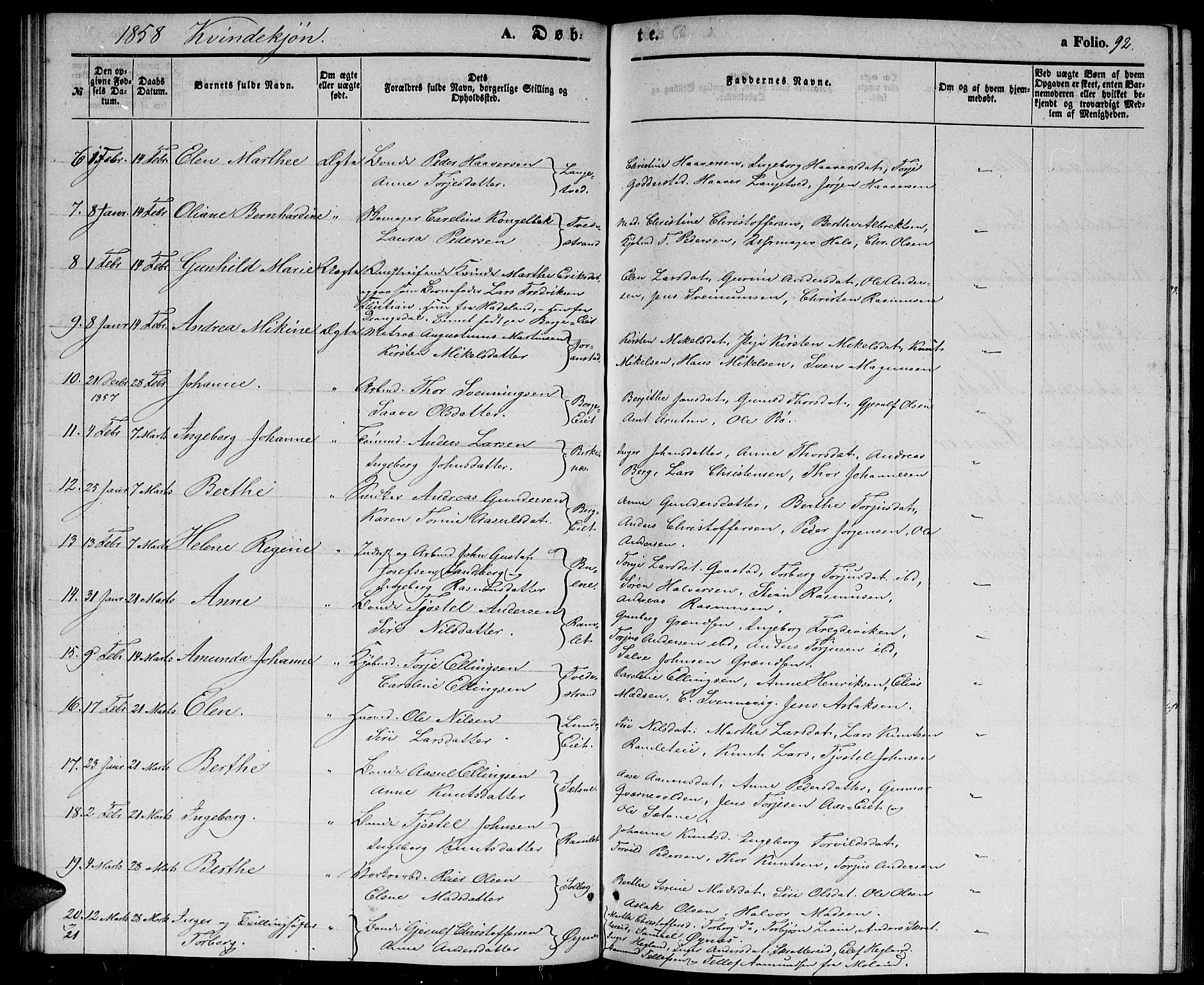Holt sokneprestkontor, SAK/1111-0021/F/Fb/L0007: Parish register (copy) no. B 7, 1849-1858, p. 92