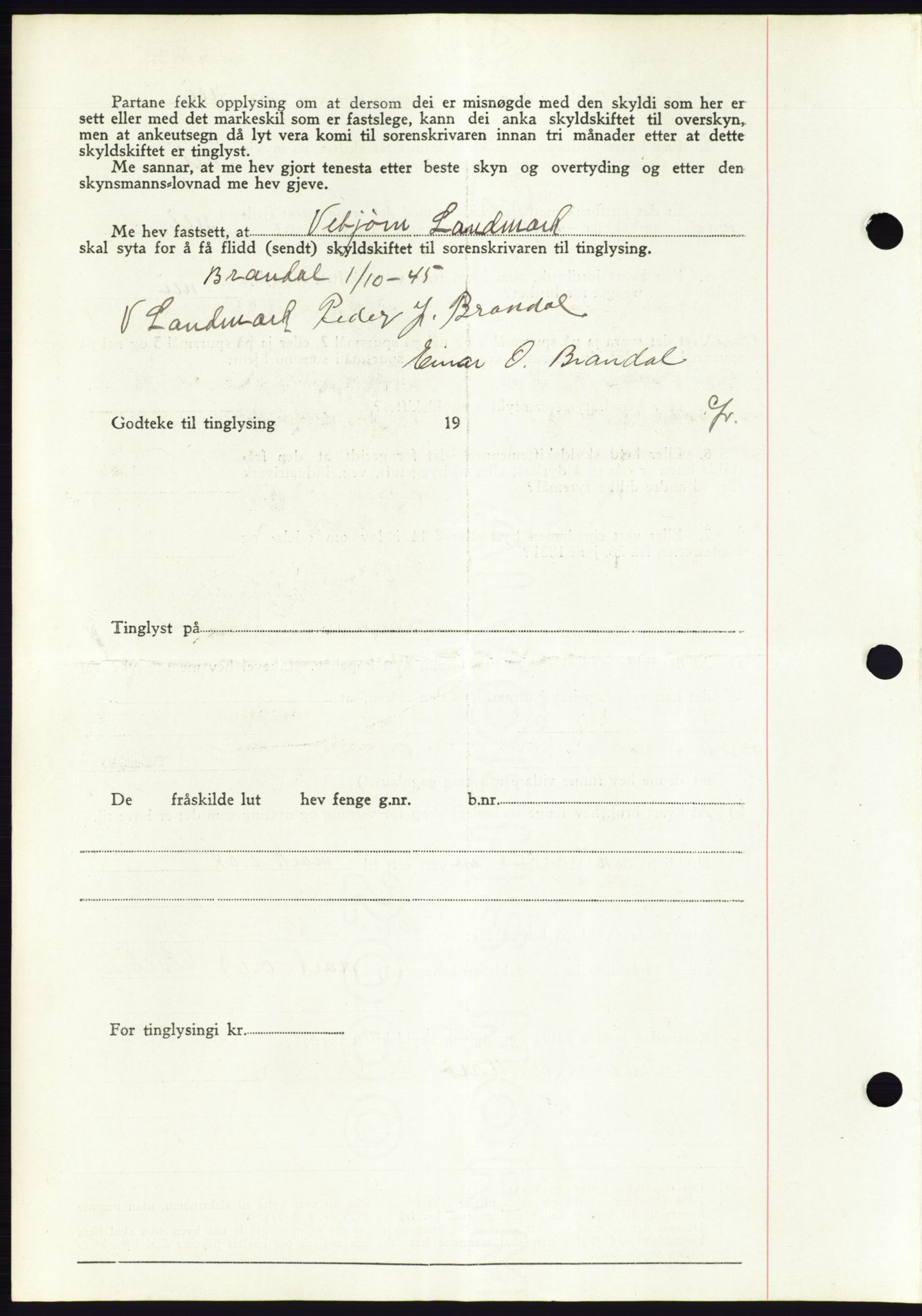 Søre Sunnmøre sorenskriveri, AV/SAT-A-4122/1/2/2C/L0077: Mortgage book no. 3A, 1945-1946, Diary no: : 651/1945