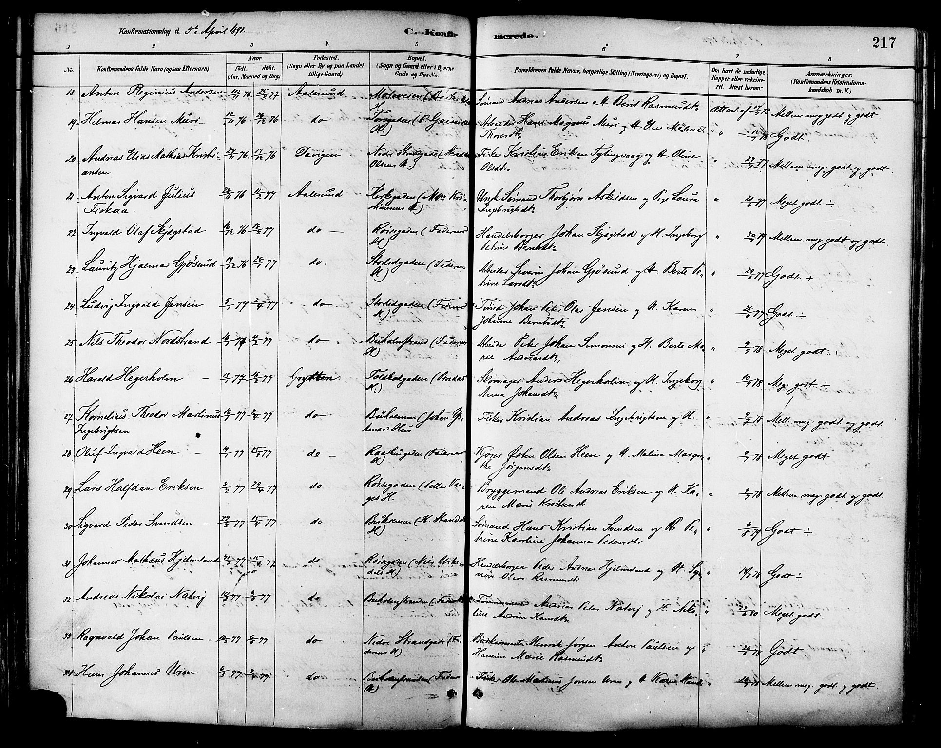 Ministerialprotokoller, klokkerbøker og fødselsregistre - Møre og Romsdal, AV/SAT-A-1454/529/L0455: Parish register (official) no. 529A05, 1885-1893, p. 217