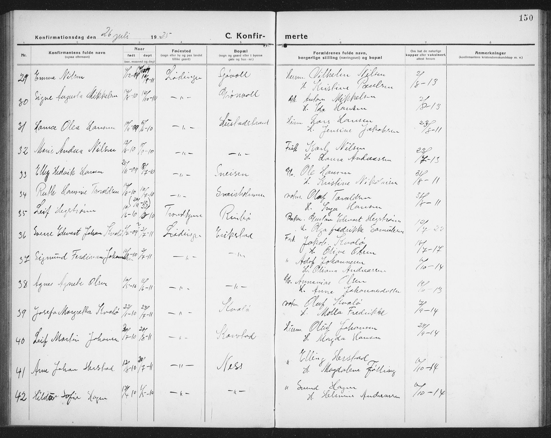 Ministerialprotokoller, klokkerbøker og fødselsregistre - Nordland, SAT/A-1459/872/L1049: Parish register (copy) no. 872C05, 1920-1938, p. 150