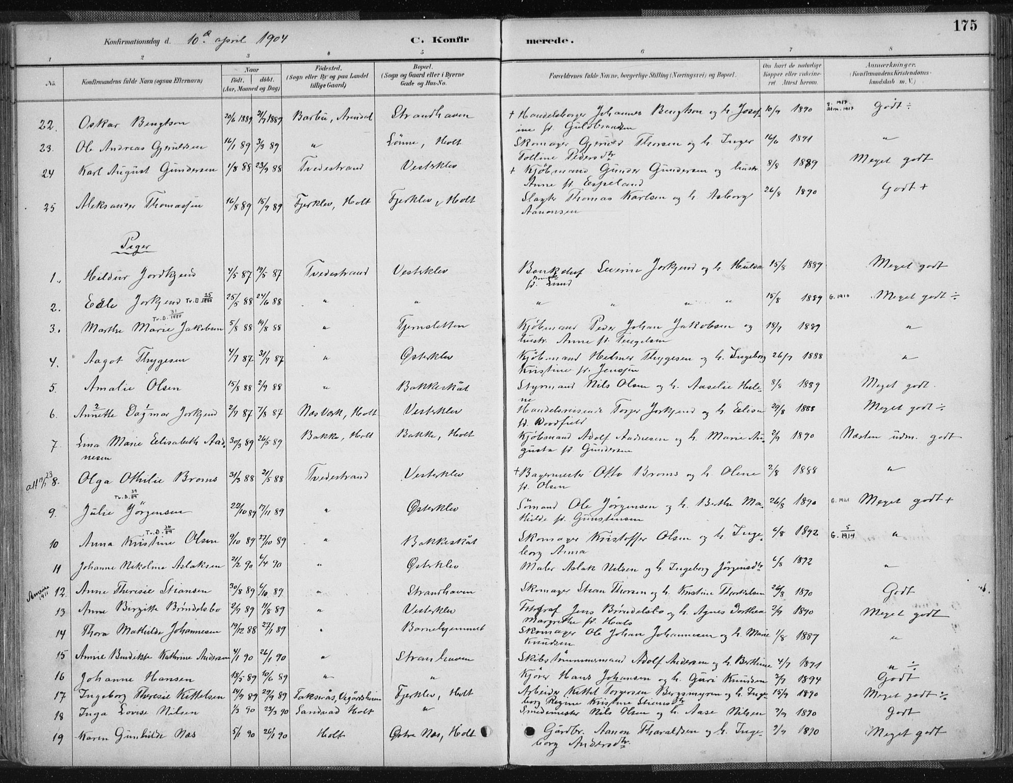 Tvedestrand sokneprestkontor, AV/SAK-1111-0042/F/Fa/L0001: Parish register (official) no. A 1, 1885-1916, p. 175