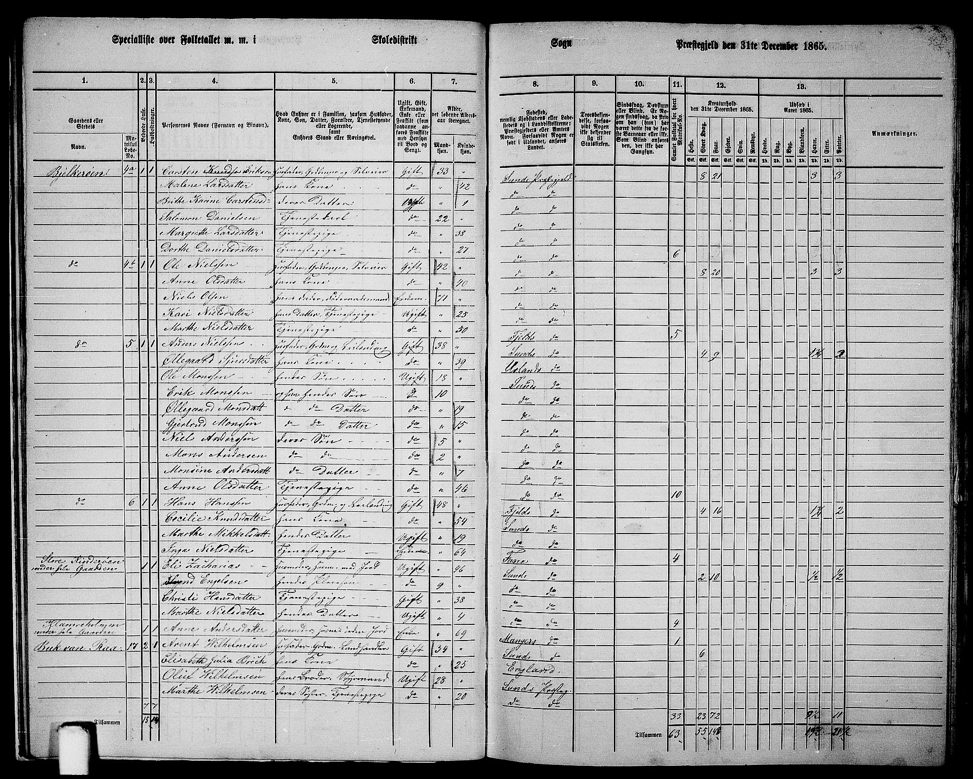 RA, 1865 census for Sund, 1865, p. 17