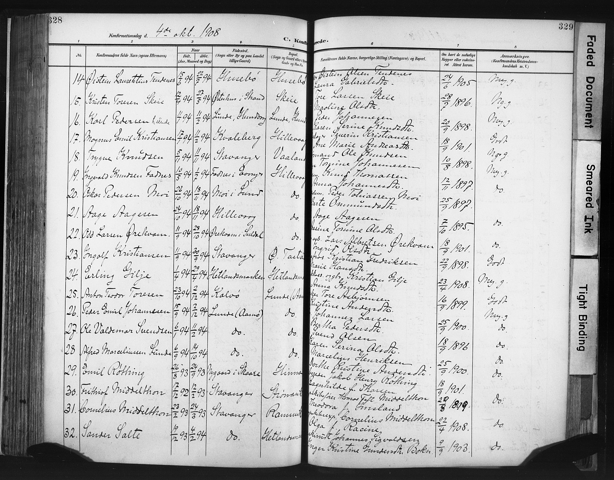 Hetland sokneprestkontor, AV/SAST-A-101826/30/30BA/L0013: Parish register (official) no. A 13, 1904-1918, p. 328-329