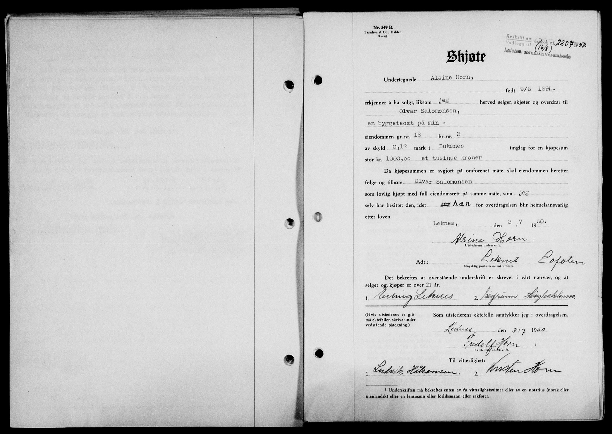 Lofoten sorenskriveri, SAT/A-0017/1/2/2C/L0024a: Mortgage book no. 24a, 1950-1950, Diary no: : 2207/1950