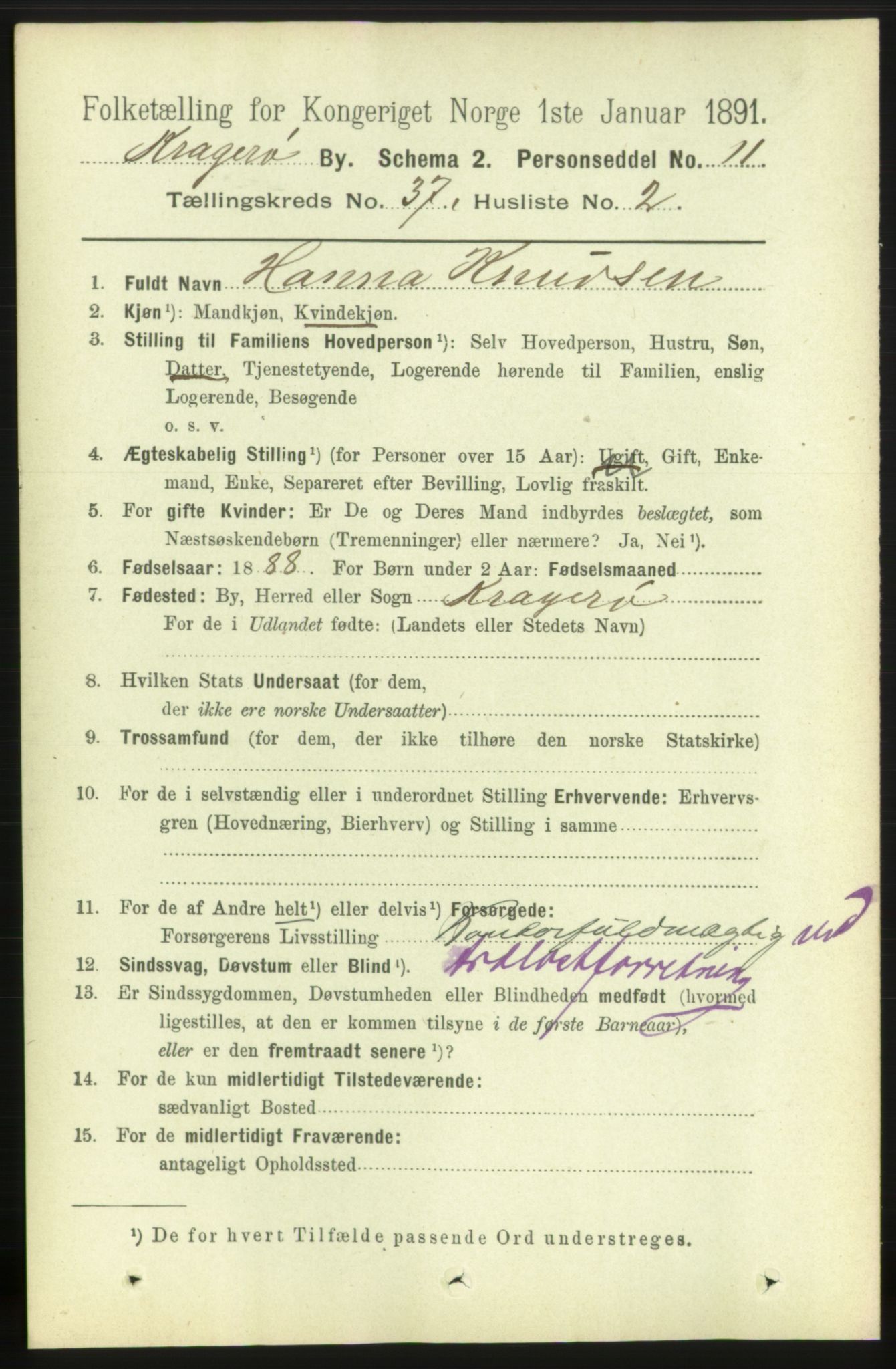 RA, 1891 census for 0801 Kragerø, 1891, p. 6767