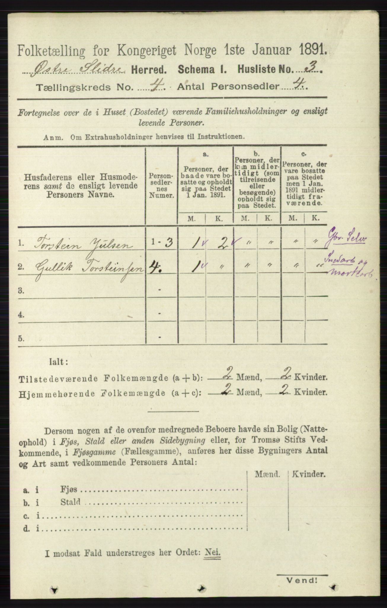 RA, 1891 census for 0544 Øystre Slidre, 1891, p. 1076