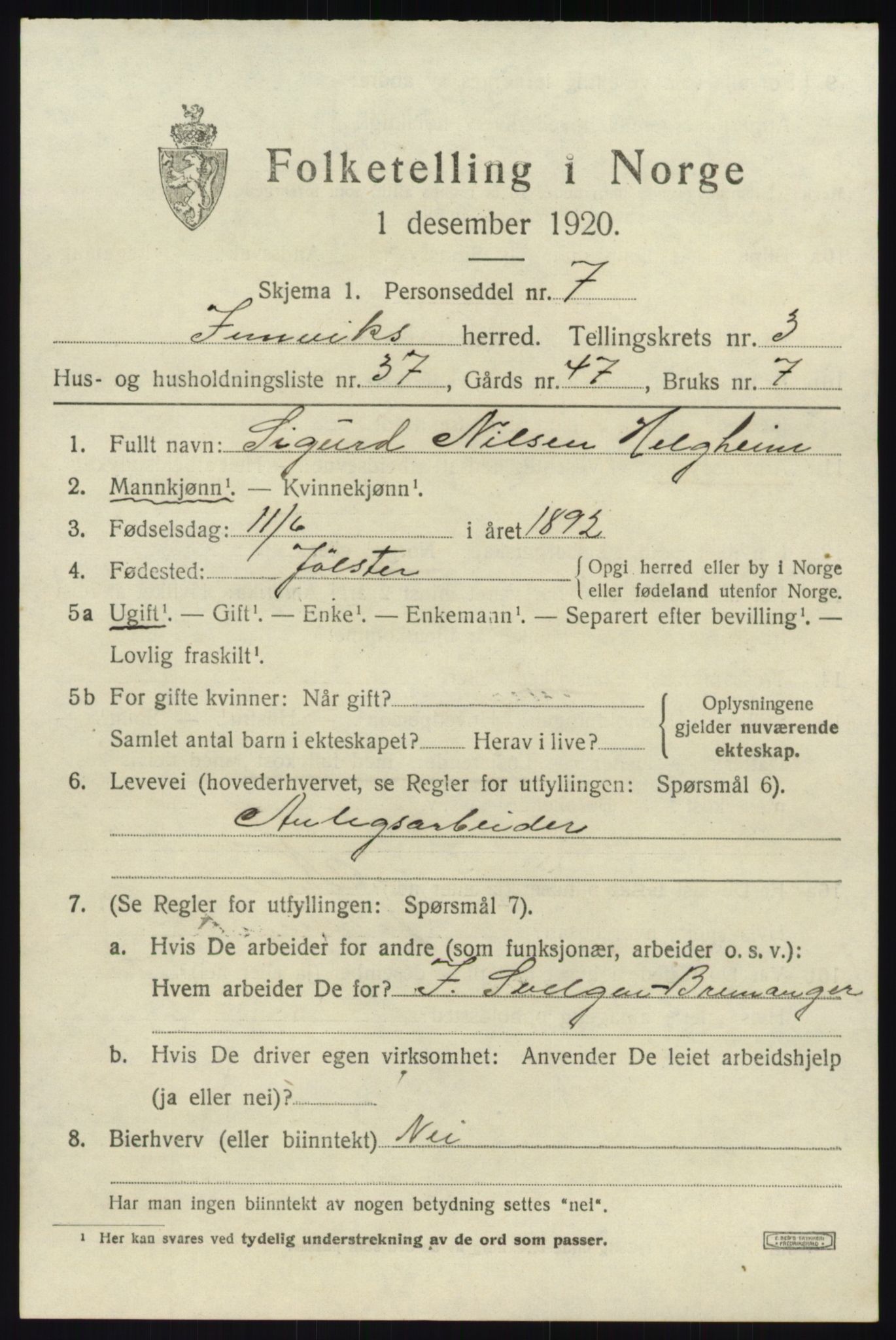 SAB, 1920 census for Innvik, 1920, p. 2165