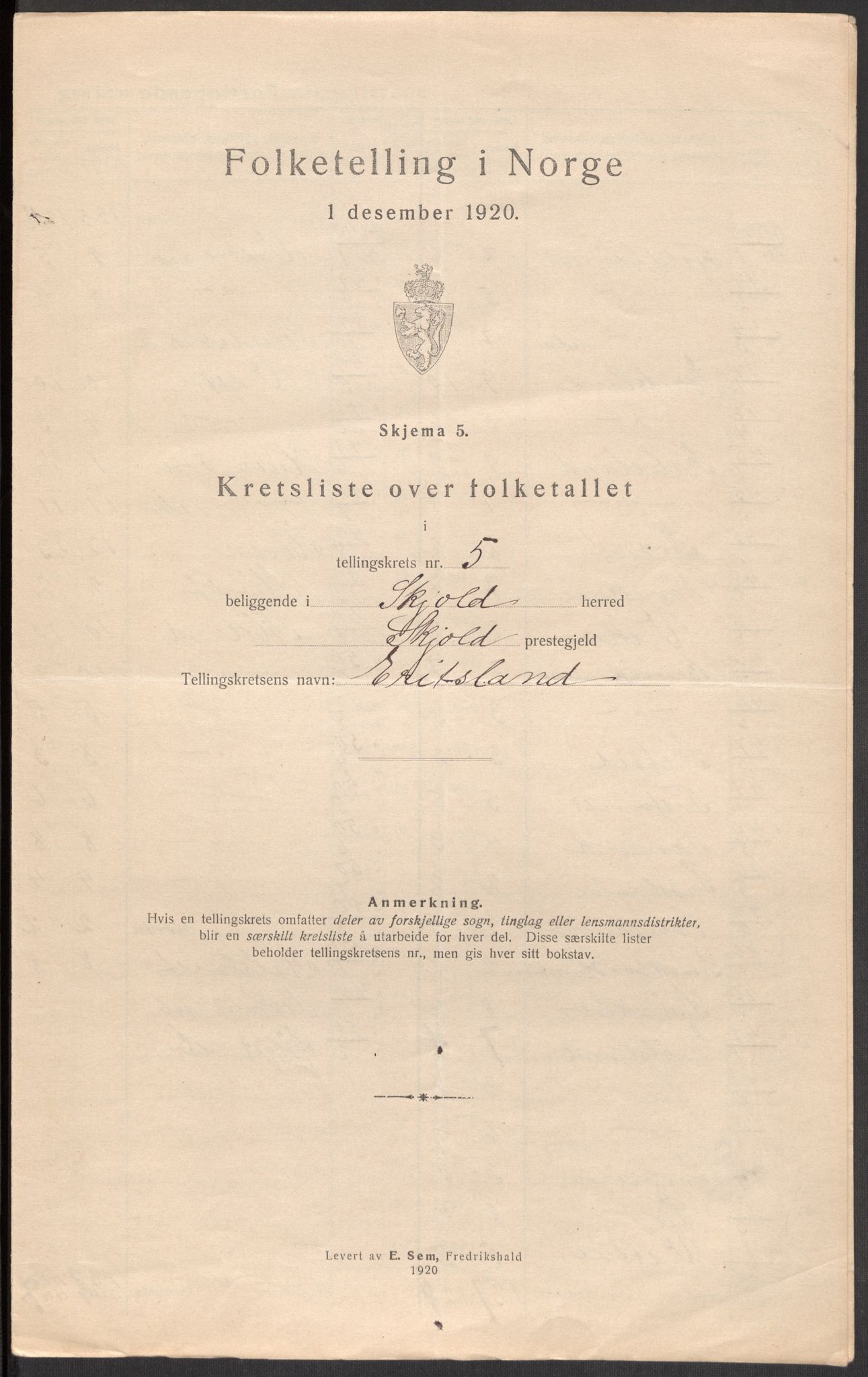 SAST, 1920 census for Skjold, 1920, p. 19