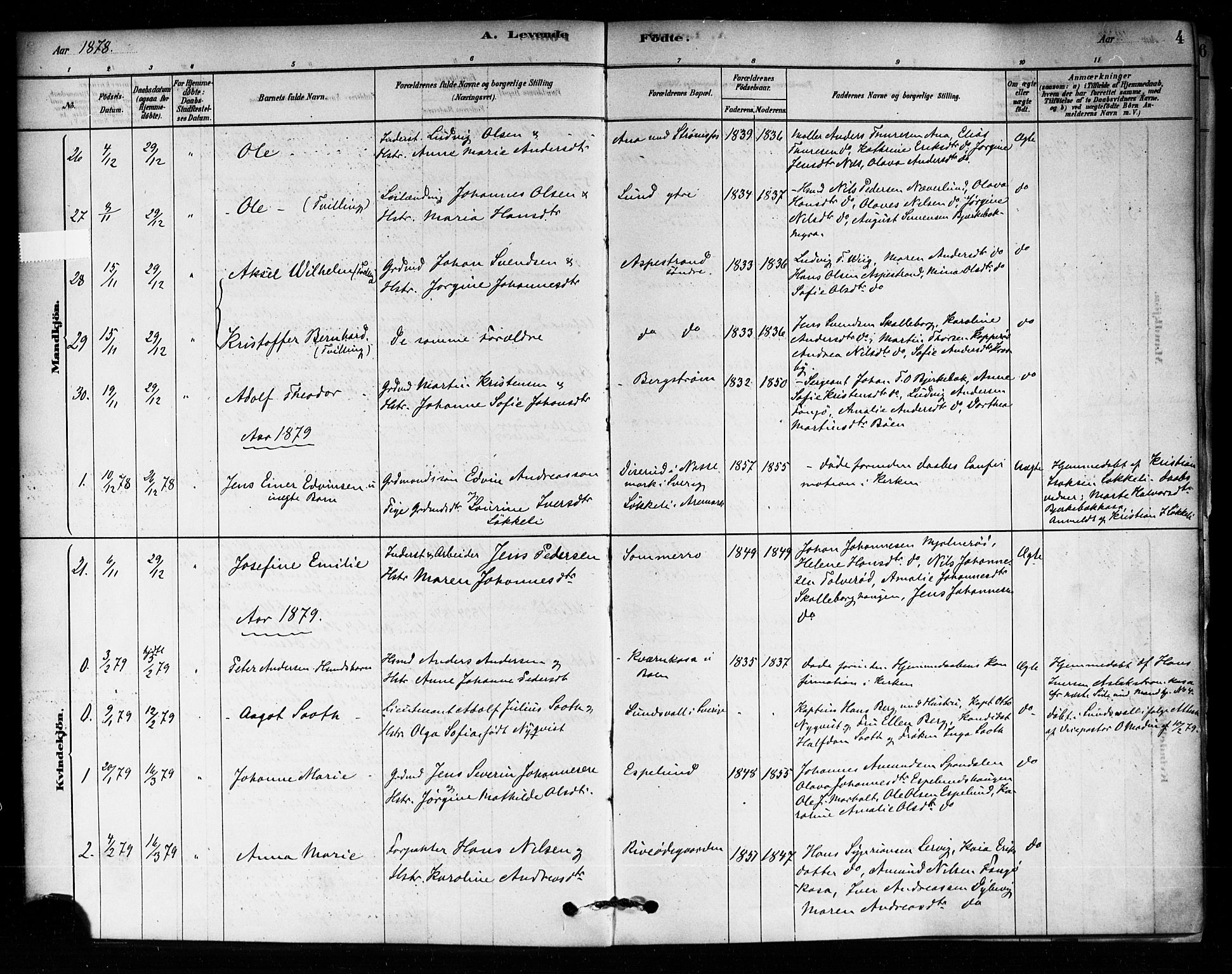 Aremark prestekontor Kirkebøker, AV/SAO-A-10899/F/Fa/L0005: Parish register (official) no. I 5, 1878-1897, p. 4