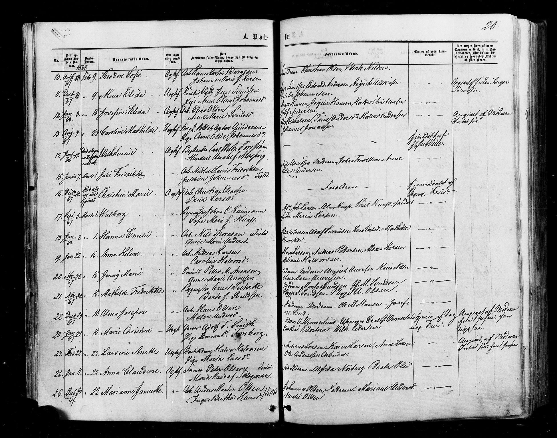 Halden prestekontor Kirkebøker, AV/SAO-A-10909/F/Fa/L0009: Parish register (official) no. I 9, 1866-1877, p. 20