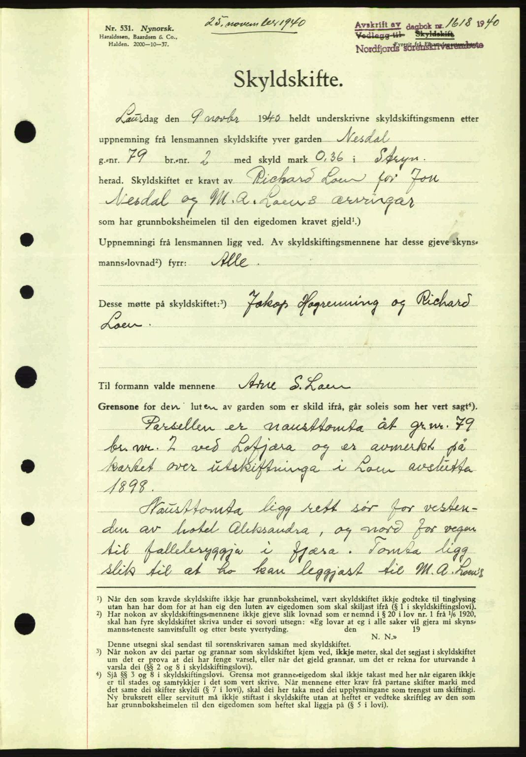 Nordfjord sorenskriveri, AV/SAB-A-2801/02/02b/02bj/L0006: Mortgage book no. A6, 1940-1941, Diary no: : 1618/1940