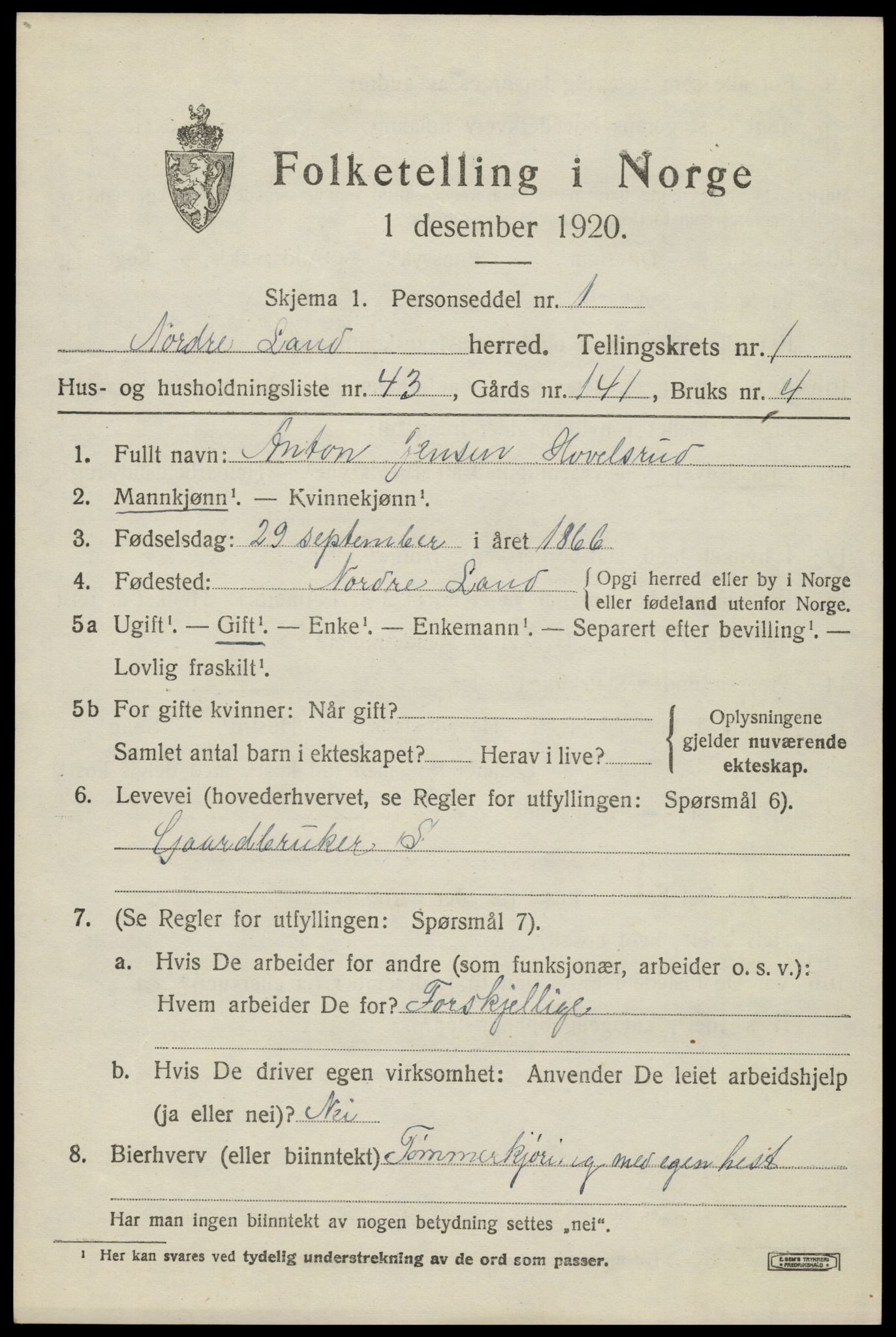 SAH, 1920 census for Nordre Land, 1920, p. 1586