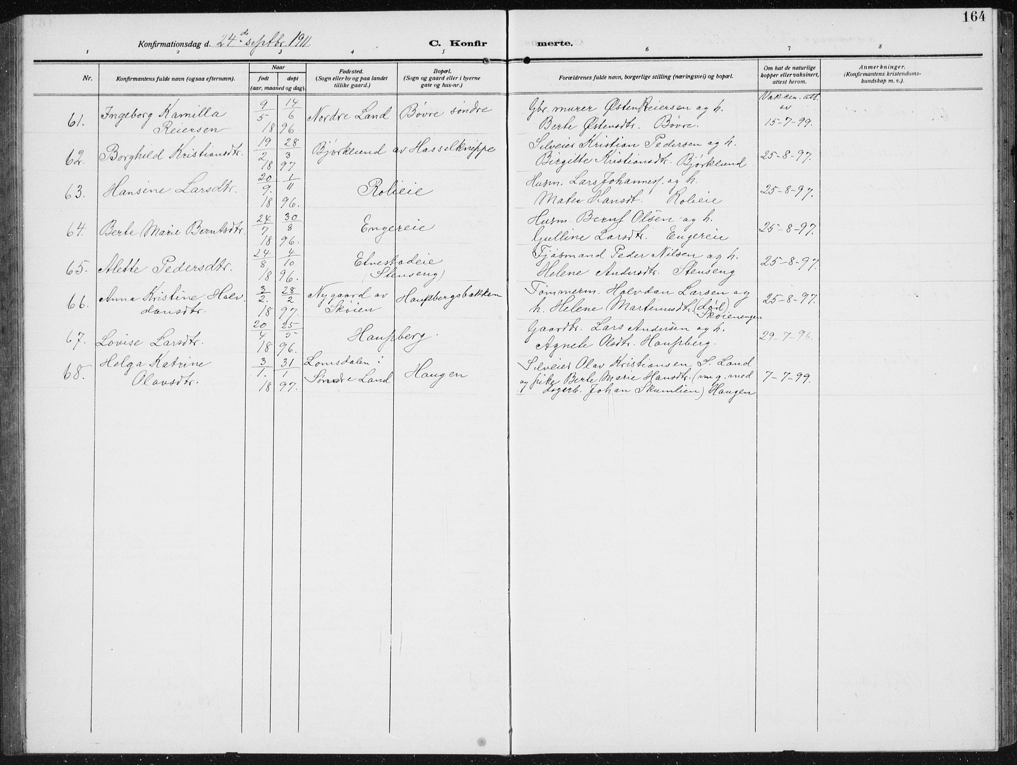 Biri prestekontor, SAH/PREST-096/H/Ha/Hab/L0006: Parish register (copy) no. 6, 1909-1938, p. 164
