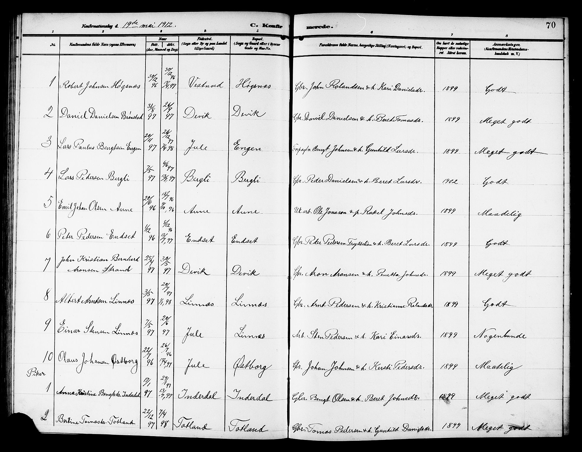 Ministerialprotokoller, klokkerbøker og fødselsregistre - Nord-Trøndelag, SAT/A-1458/757/L0506: Parish register (copy) no. 757C01, 1904-1922, p. 70