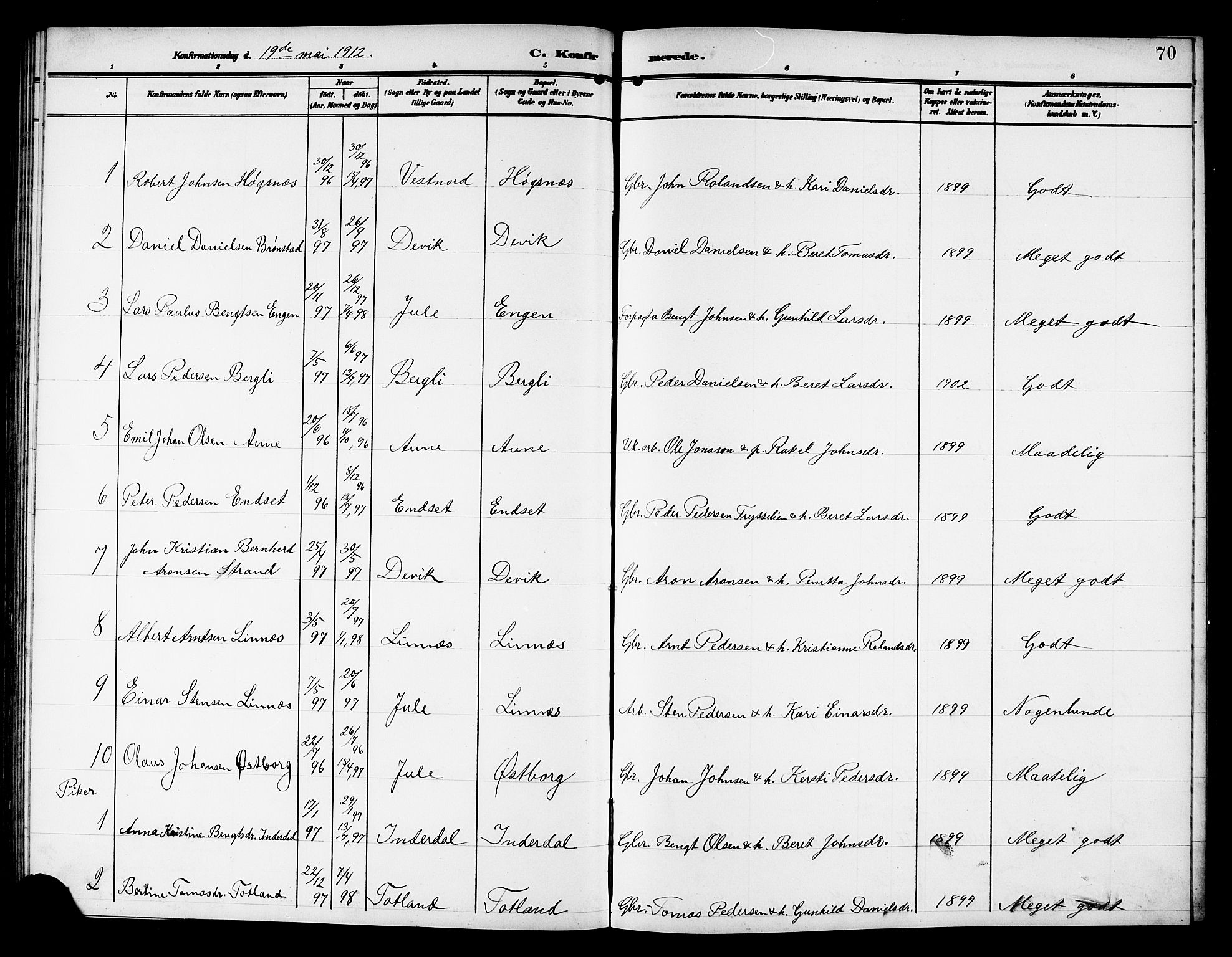 Ministerialprotokoller, klokkerbøker og fødselsregistre - Nord-Trøndelag, AV/SAT-A-1458/757/L0506: Parish register (copy) no. 757C01, 1904-1922, p. 70