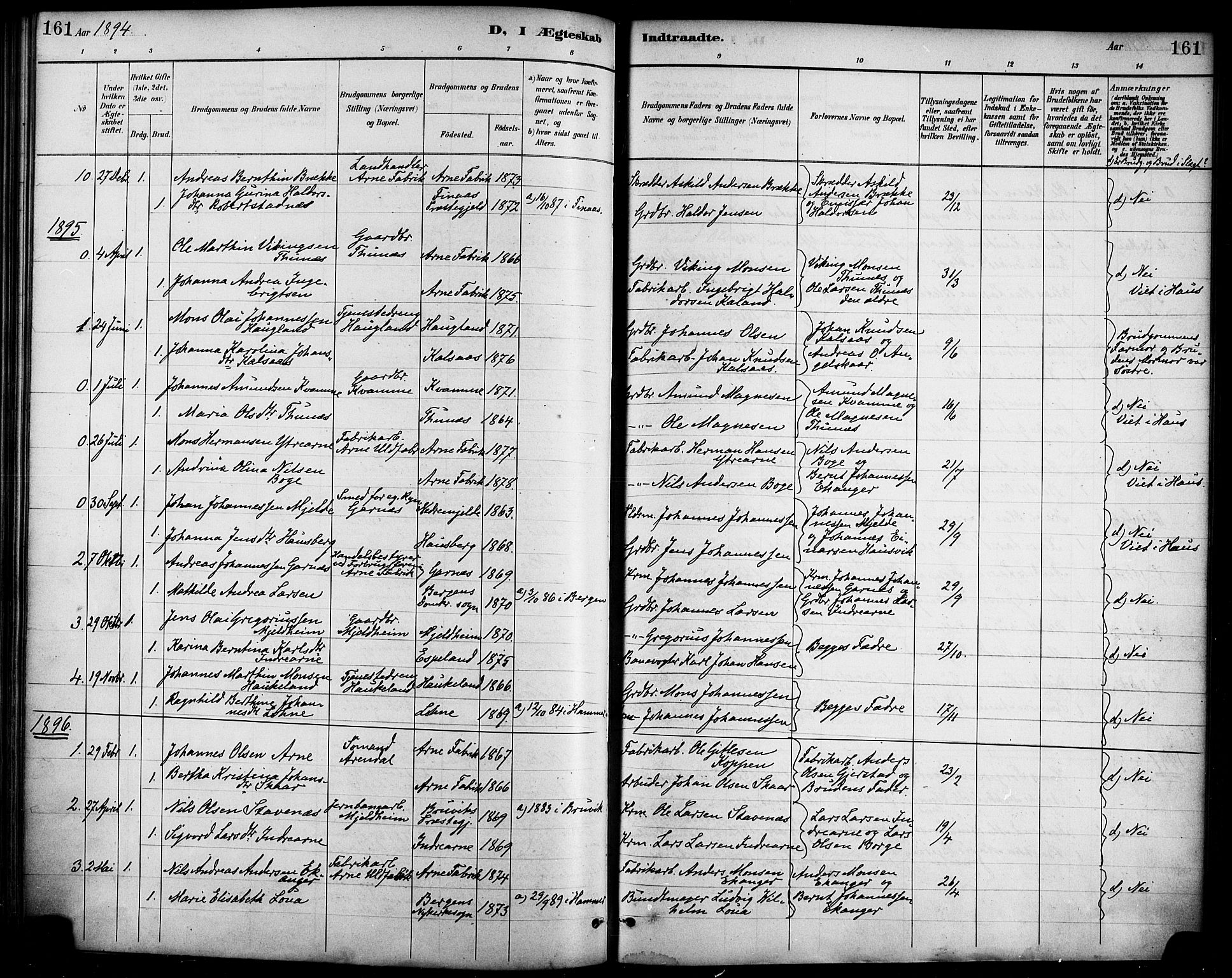 Haus sokneprestembete, AV/SAB-A-75601/H/Haa/Haad/L0001: Parish register (official) no. D 1, 1887-1898, p. 161