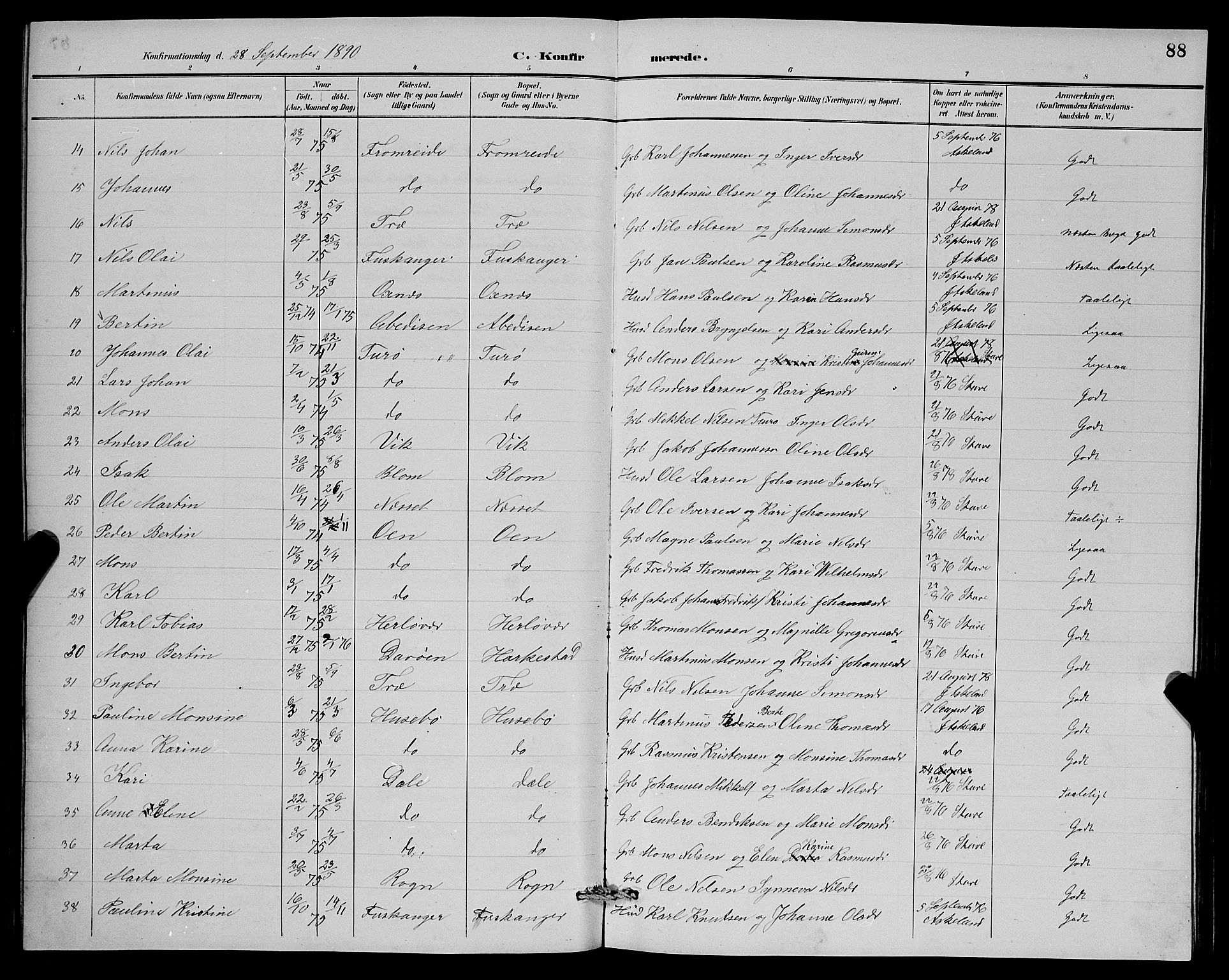 Herdla Sokneprestembete, SAB/A-75701/H/Hab: Parish register (copy) no. A 3, 1889-1899, p. 88