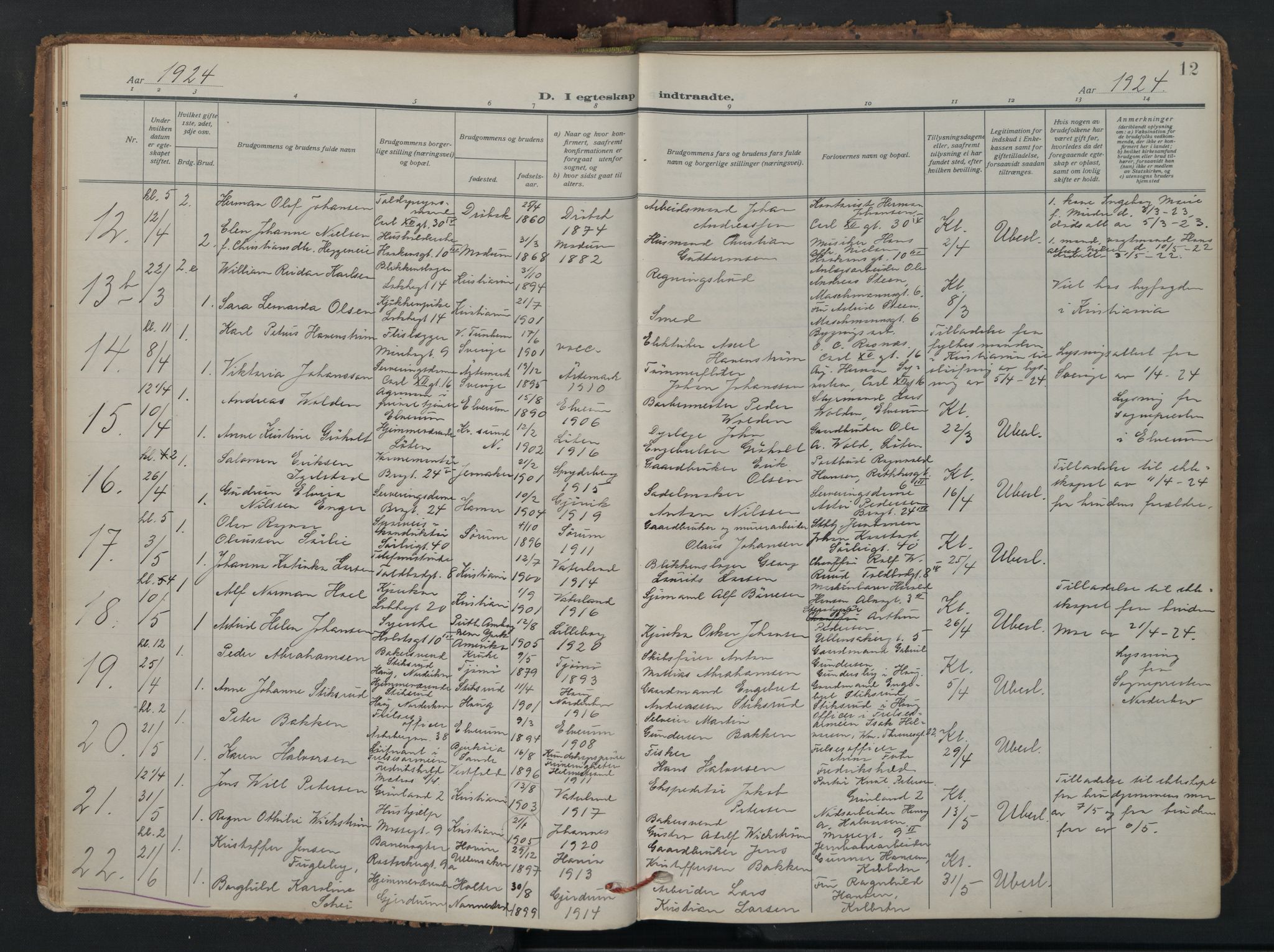 Vaterland prestekontor Kirkebøker, AV/SAO-A-10880/F/Fa/L0003: Parish register (official) no. 3, 1922-1944, p. 12