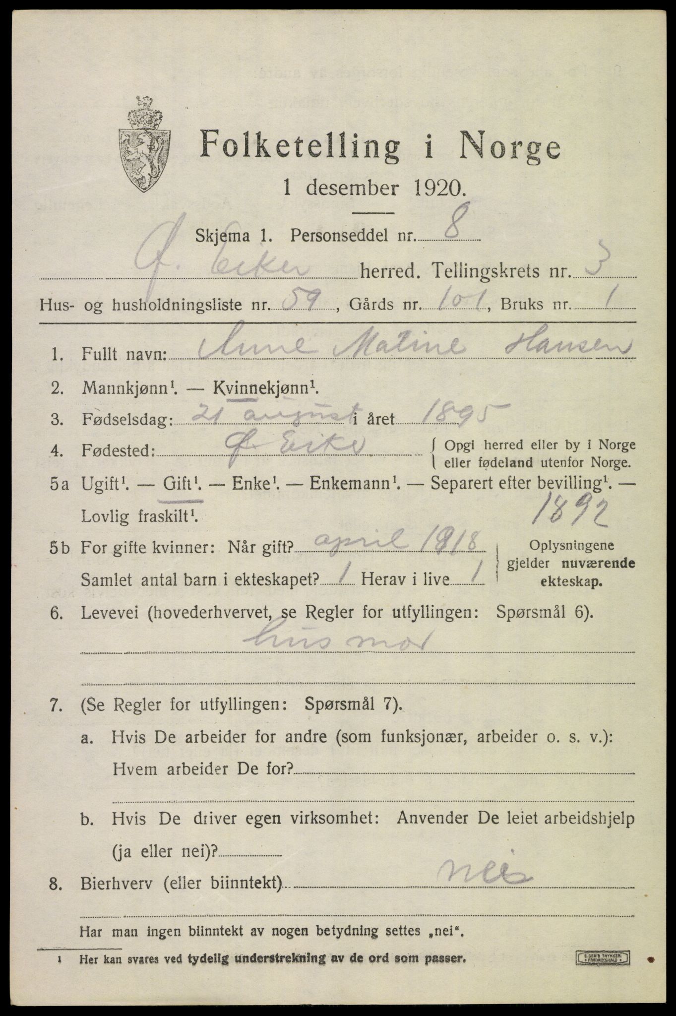 SAKO, 1920 census for Øvre Eiker, 1920, p. 8848