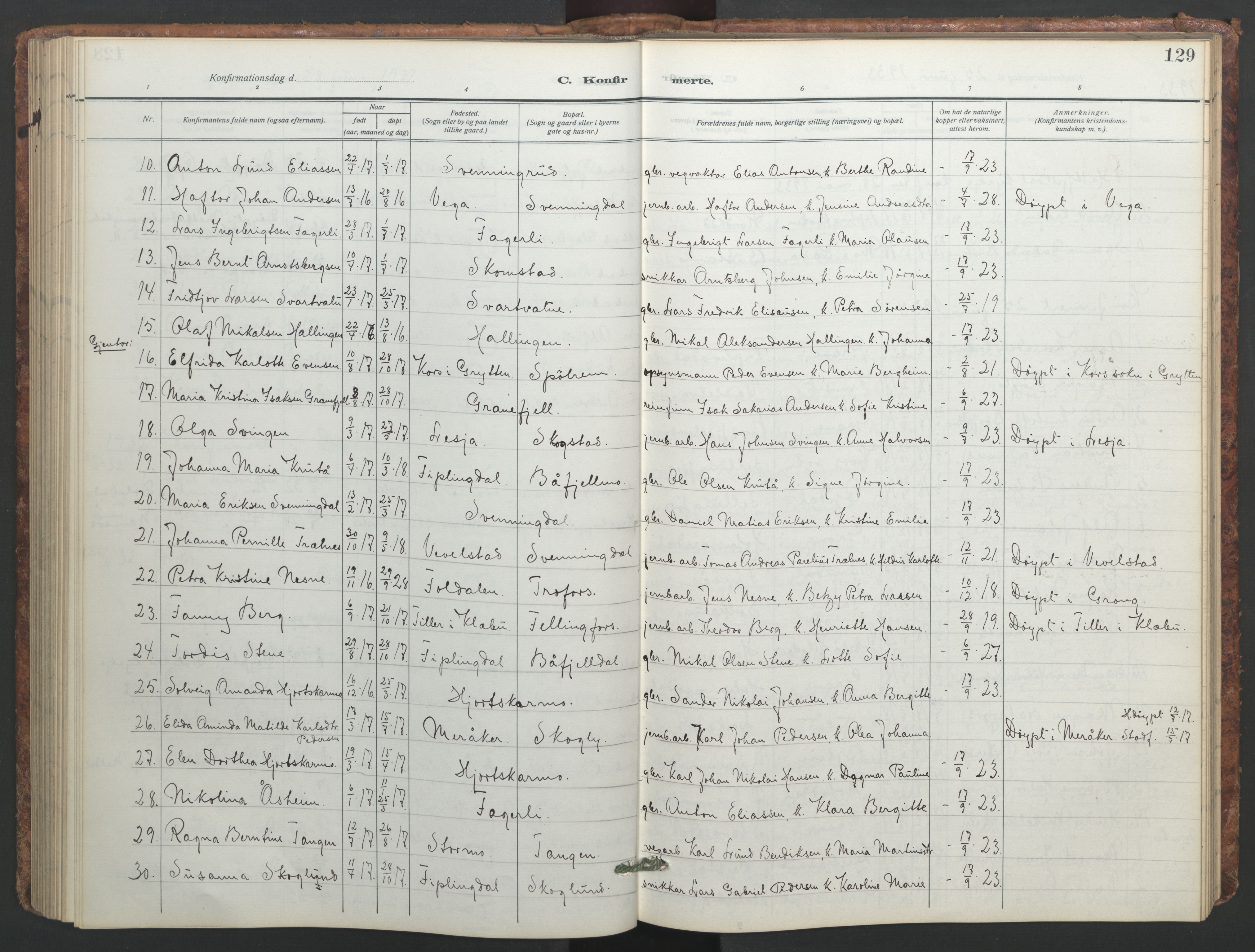 Ministerialprotokoller, klokkerbøker og fødselsregistre - Nordland, AV/SAT-A-1459/824/L0341: Parish register (copy) no. 824C01, 1916-1957, p. 129