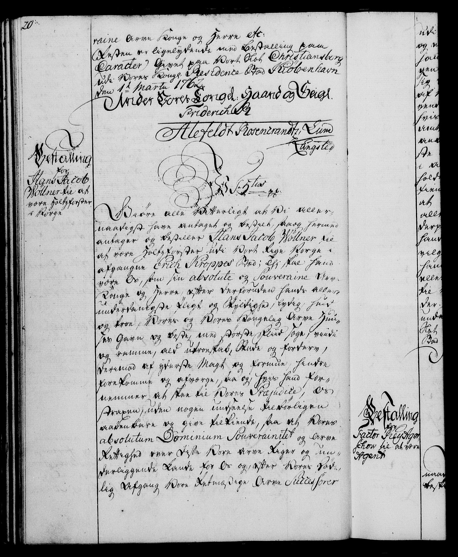 Rentekammeret, Kammerkanselliet, RA/EA-3111/G/Gg/Gge/L0004: Norsk bestallingsprotokoll med register (merket RK 53.28), 1762-1771, p. 20
