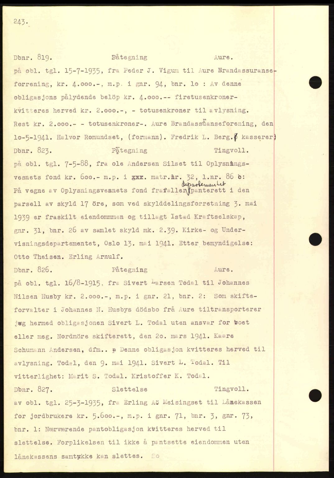 Nordmøre sorenskriveri, AV/SAT-A-4132/1/2/2Ca: Mortgage book no. C81, 1940-1945, Diary no: : 819/1941