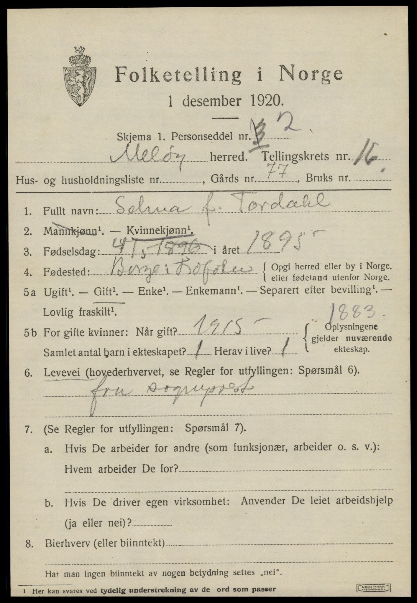 SAT, 1920 census for Meløy, 1920, p. 10377