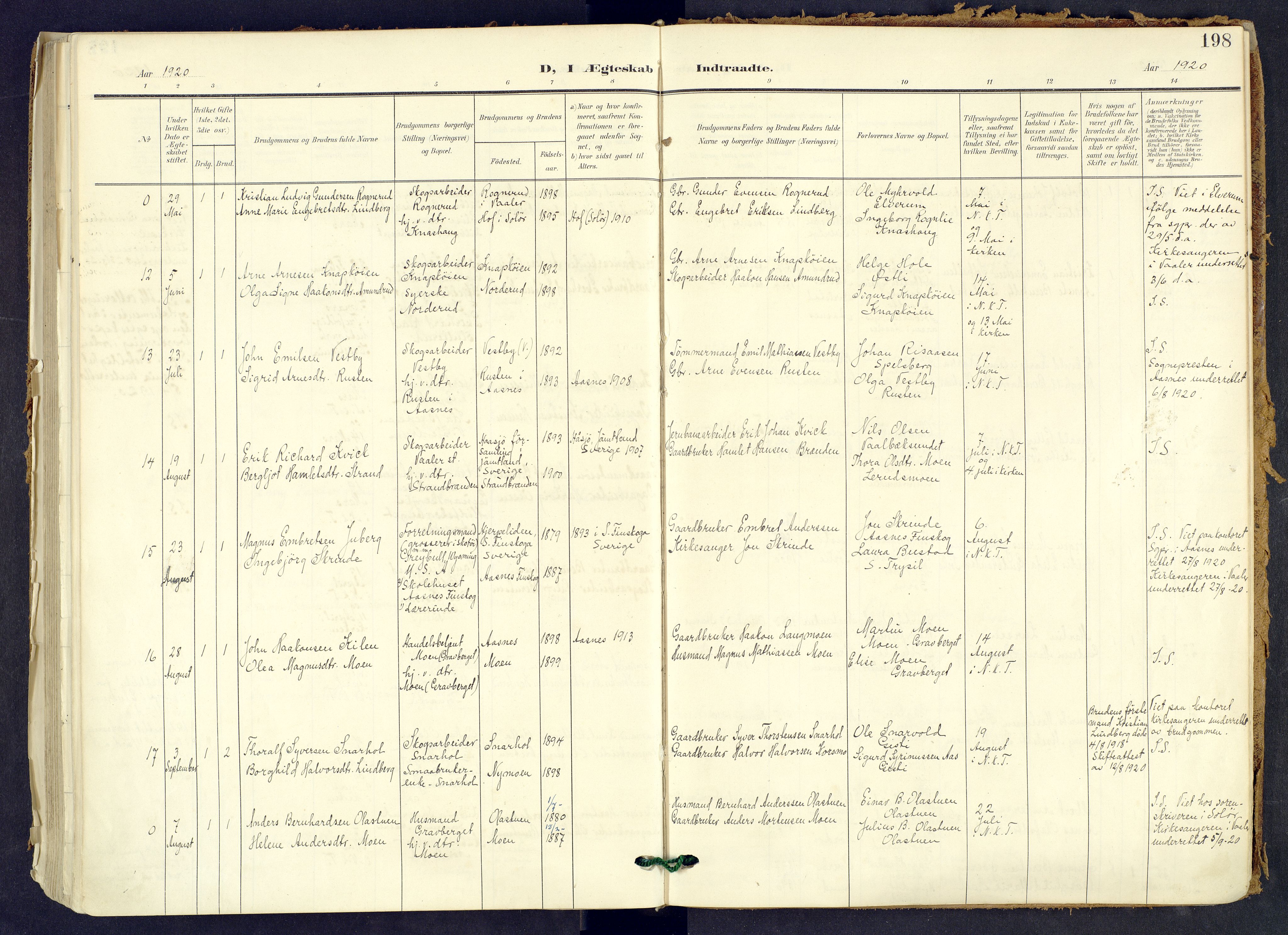 Våler prestekontor, Hedmark, AV/SAH-PREST-040/H/Ha/Haa/L0008: Parish register (official) no. 8, 1905-1921, p. 198