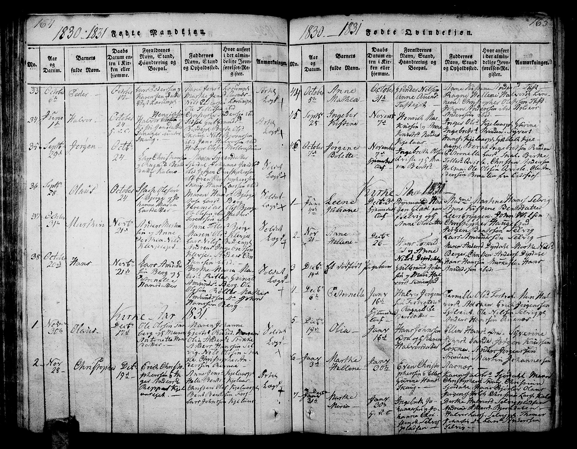 Sande Kirkebøker, AV/SAKO-A-53/G/Ga/L0001: Parish register (copy) no. 1, 1814-1847, p. 164-165
