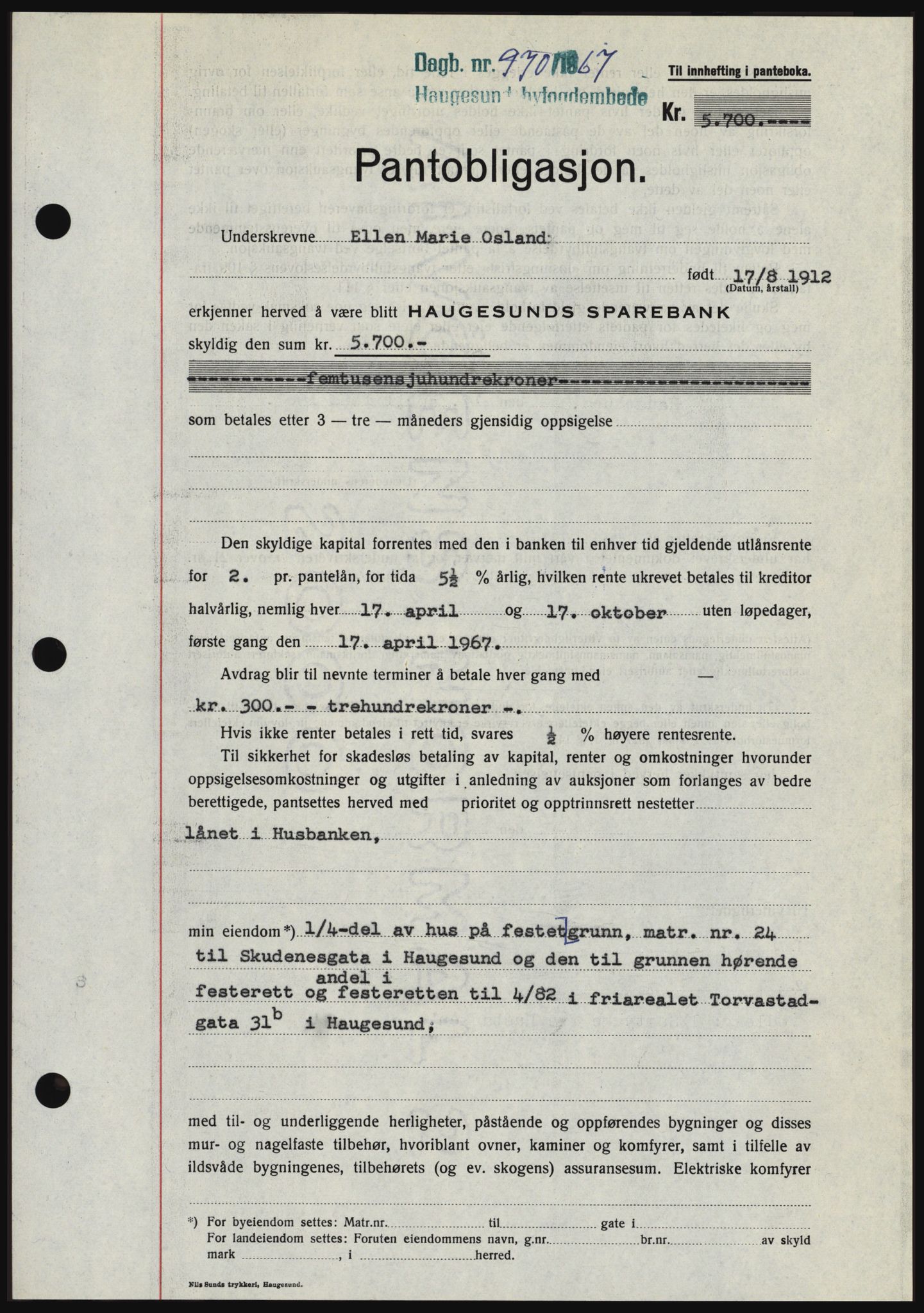 Haugesund tingrett, SAST/A-101415/01/II/IIC/L0056: Mortgage book no. B 56, 1966-1967, Diary no: : 970/1967