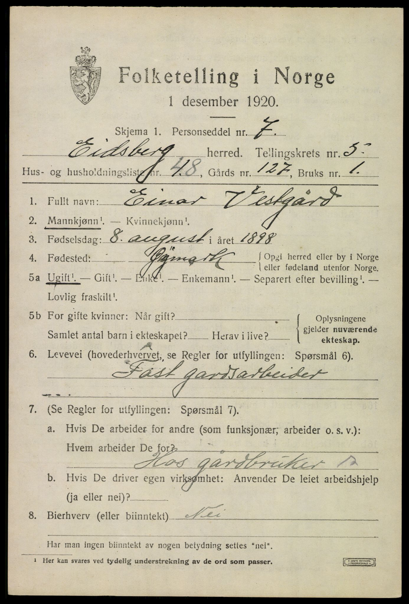 SAO, 1920 census for Eidsberg, 1920, p. 7293