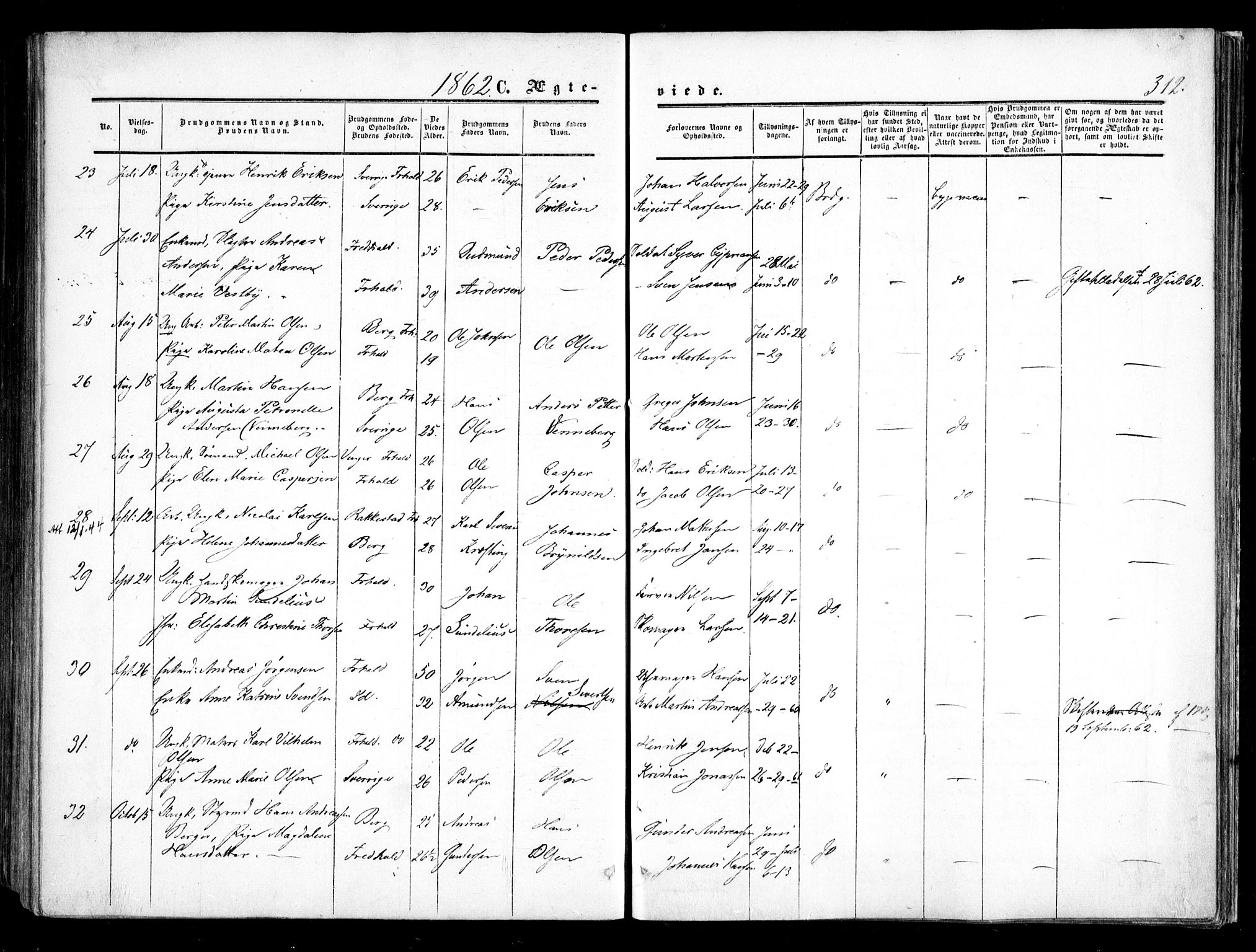 Halden prestekontor Kirkebøker, AV/SAO-A-10909/F/Fa/L0007: Parish register (official) no. I 7, 1857-1865, p. 312