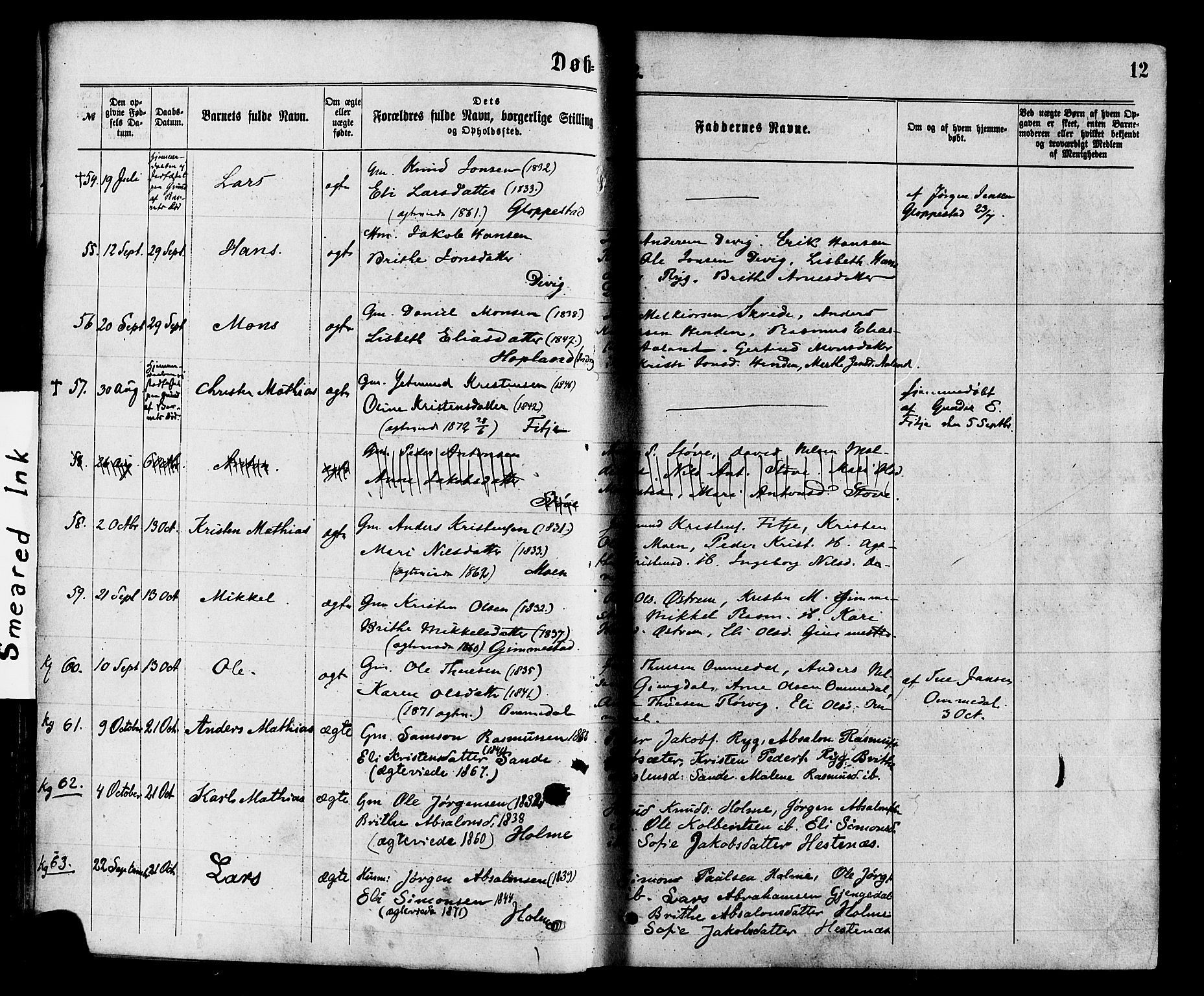 Gloppen sokneprestembete, SAB/A-80101/H/Haa/Haaa/L0010: Parish register (official) no. A 10, 1871-1884, p. 12