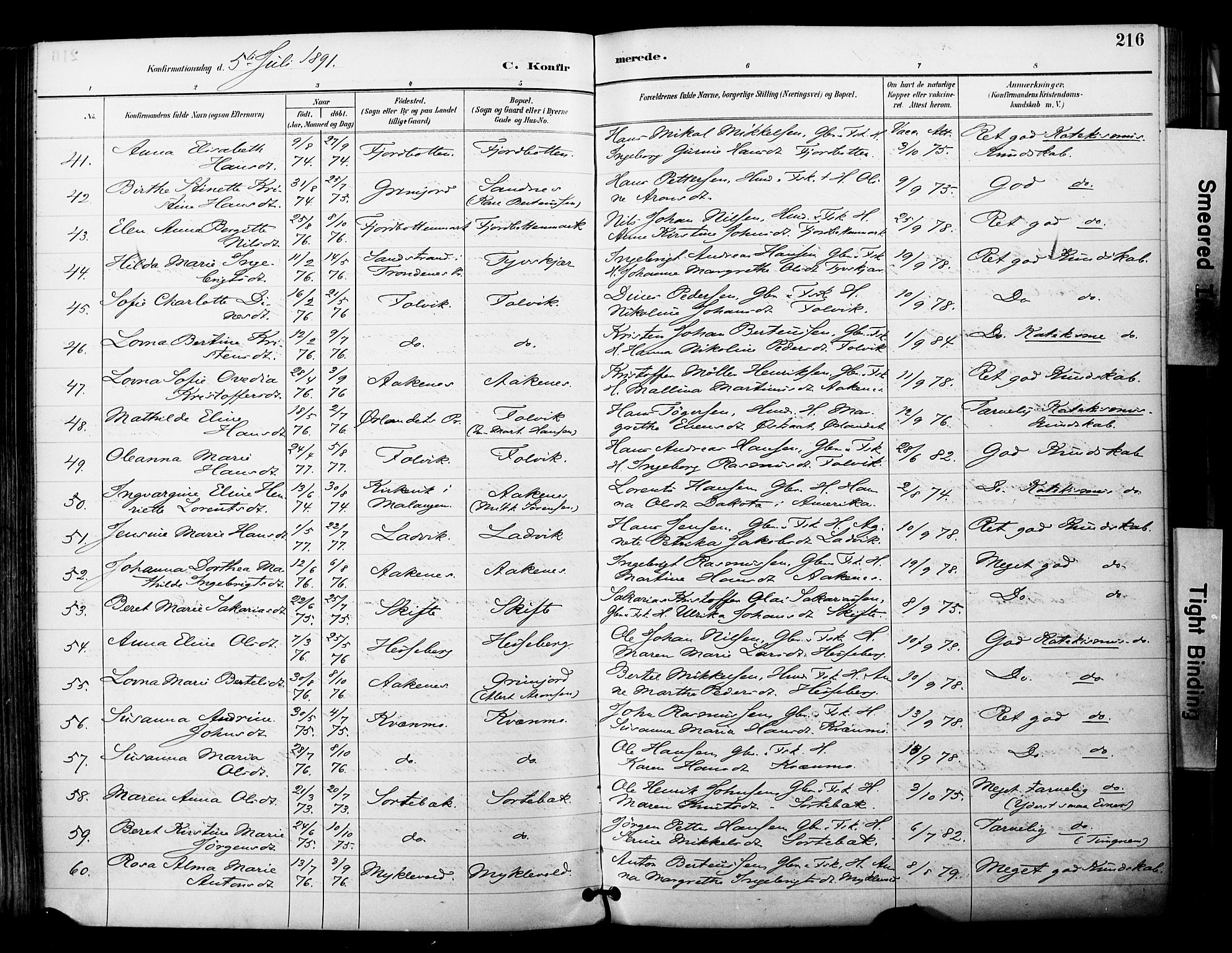 Ibestad sokneprestembete, SATØ/S-0077/H/Ha/Haa/L0012kirke: Parish register (official) no. 12, 1890-1900, p. 216