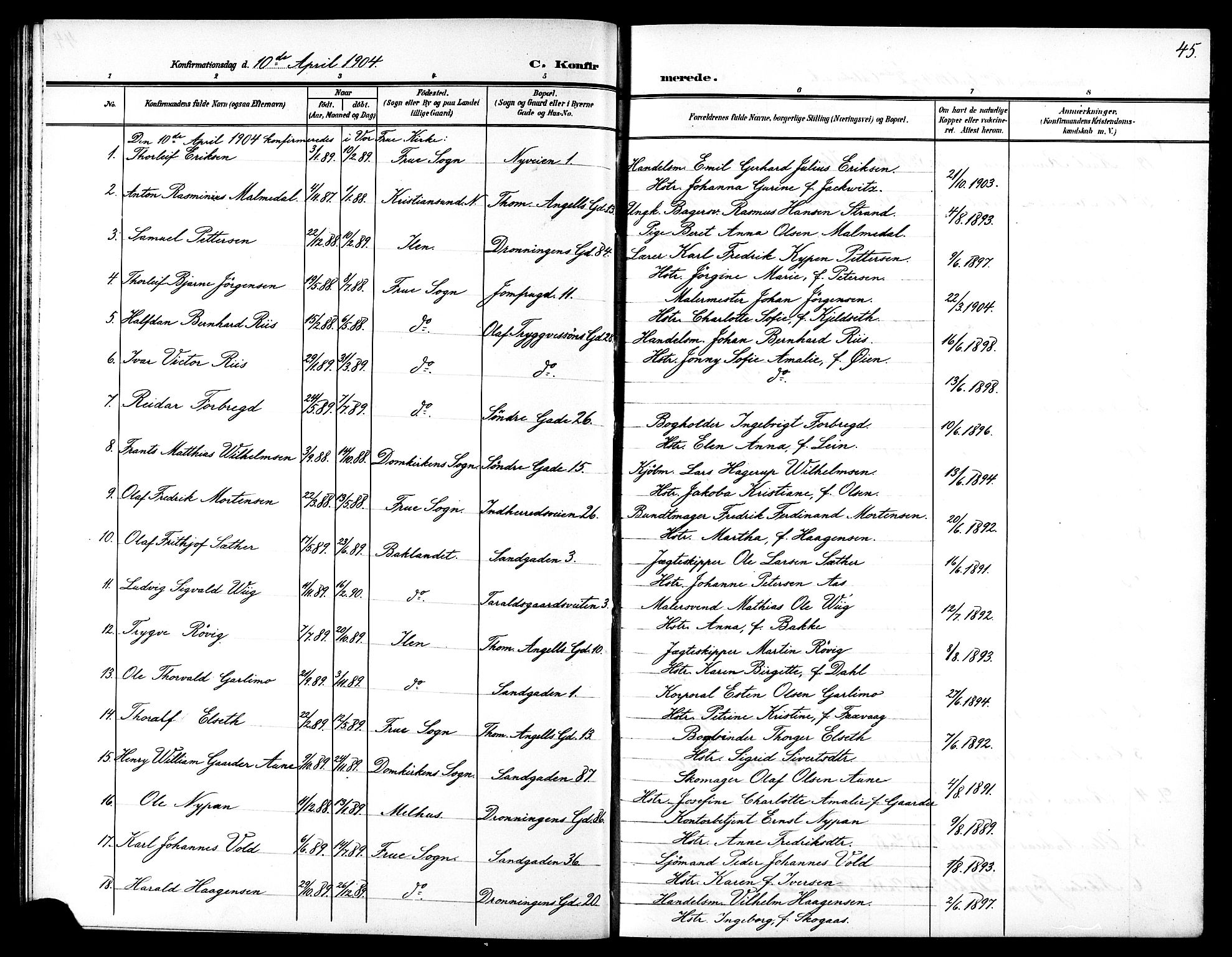 Ministerialprotokoller, klokkerbøker og fødselsregistre - Sør-Trøndelag, SAT/A-1456/602/L0146: Parish register (copy) no. 602C14, 1904-1914, p. 45