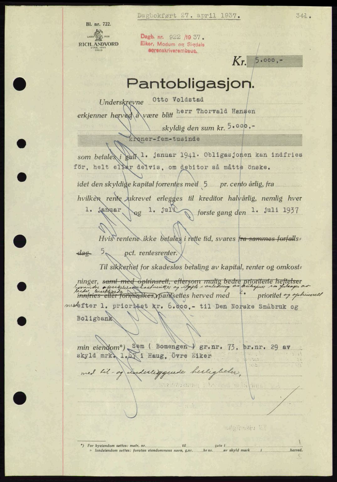 Eiker, Modum og Sigdal sorenskriveri, SAKO/A-123/G/Ga/Gab/L0035: Mortgage book no. A5, 1937-1937, Diary no: : 922/1937