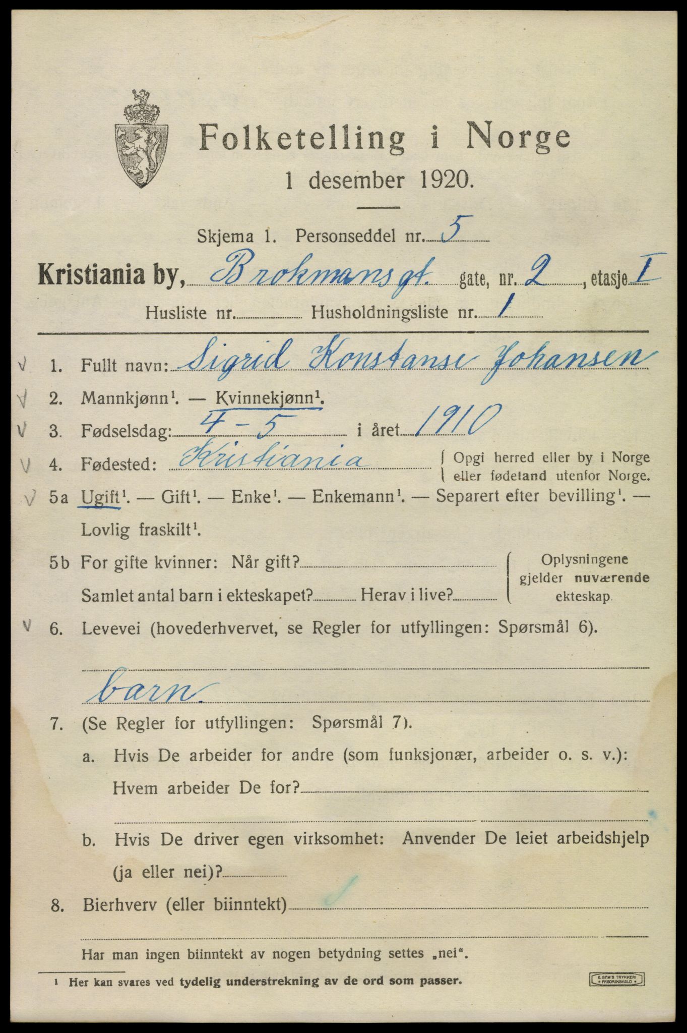 SAO, 1920 census for Kristiania, 1920, p. 174347