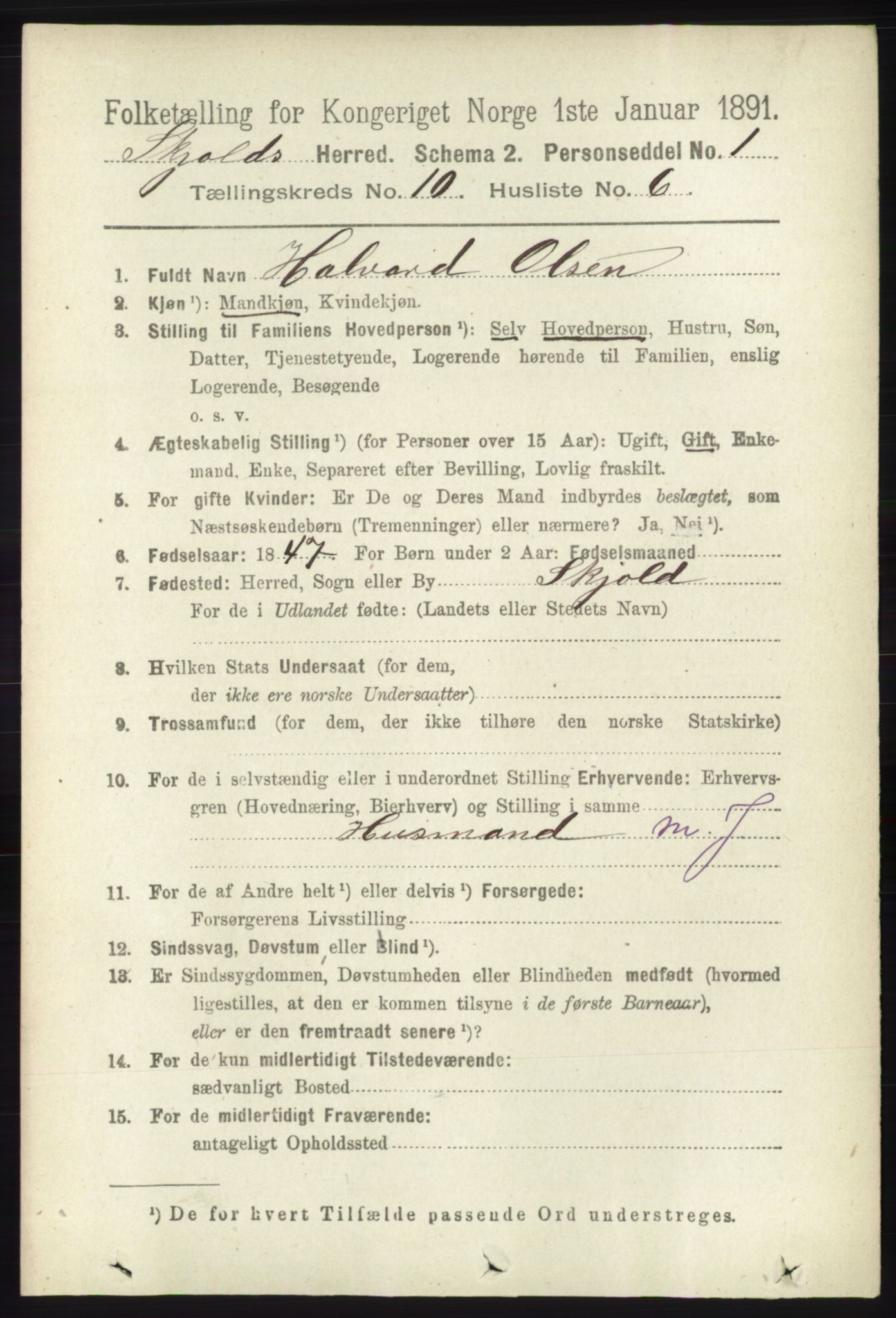 RA, 1891 census for 1154 Skjold, 1891, p. 2028