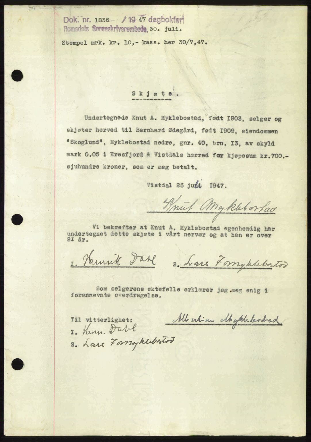 Romsdal sorenskriveri, AV/SAT-A-4149/1/2/2C: Mortgage book no. A23, 1947-1947, Diary no: : 1836/1947