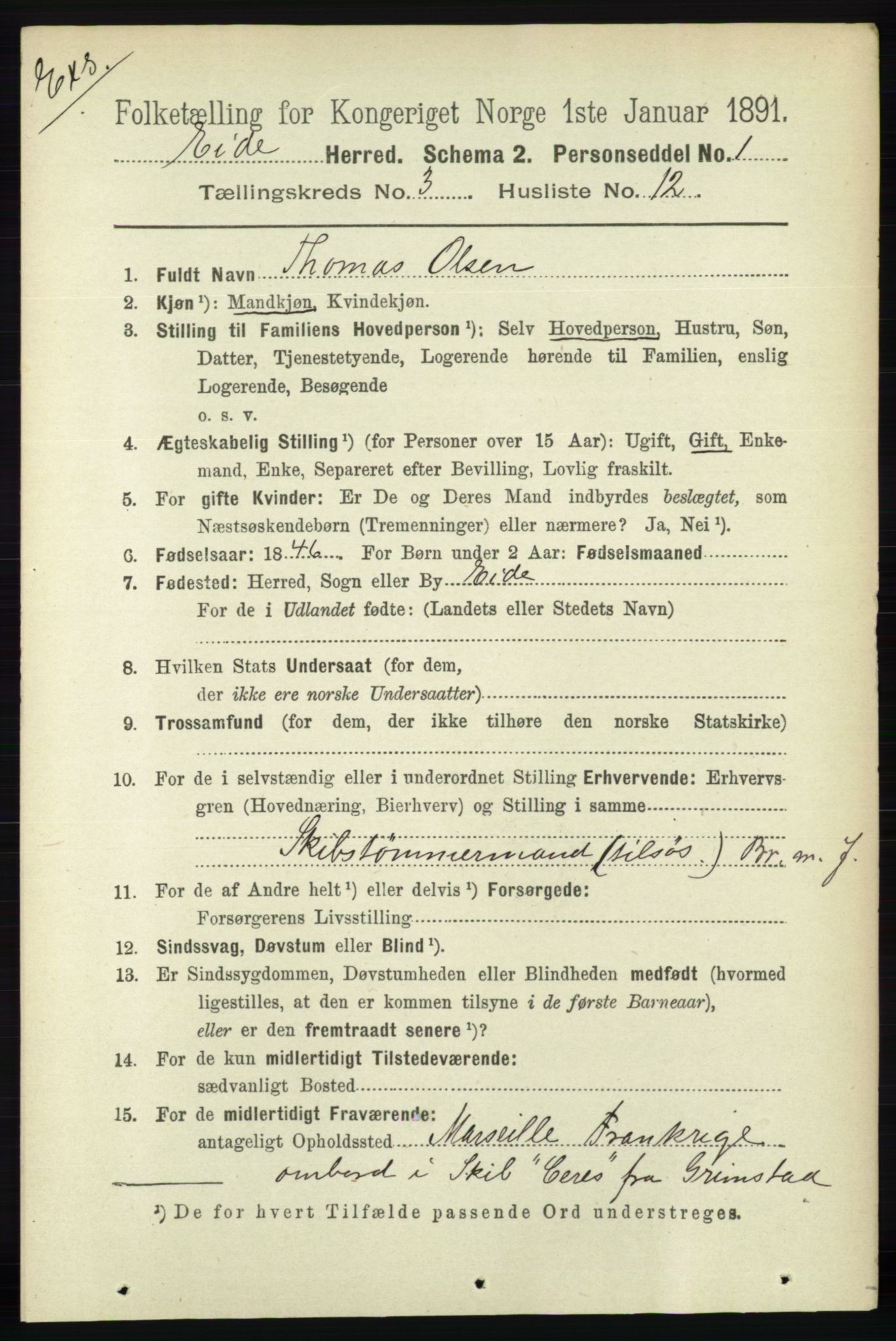 RA, Census 1891 for Nedenes amt: Gjenparter av personsedler for beslektede ektefeller, menn, 1891, p. 779