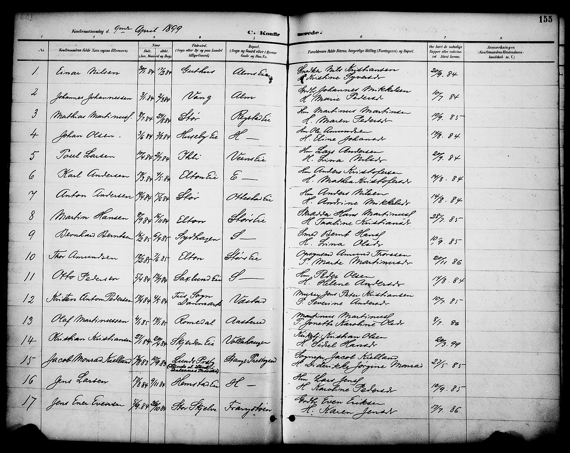 Stange prestekontor, SAH/PREST-002/K/L0020: Parish register (official) no. 20, 1894-1905, p. 155