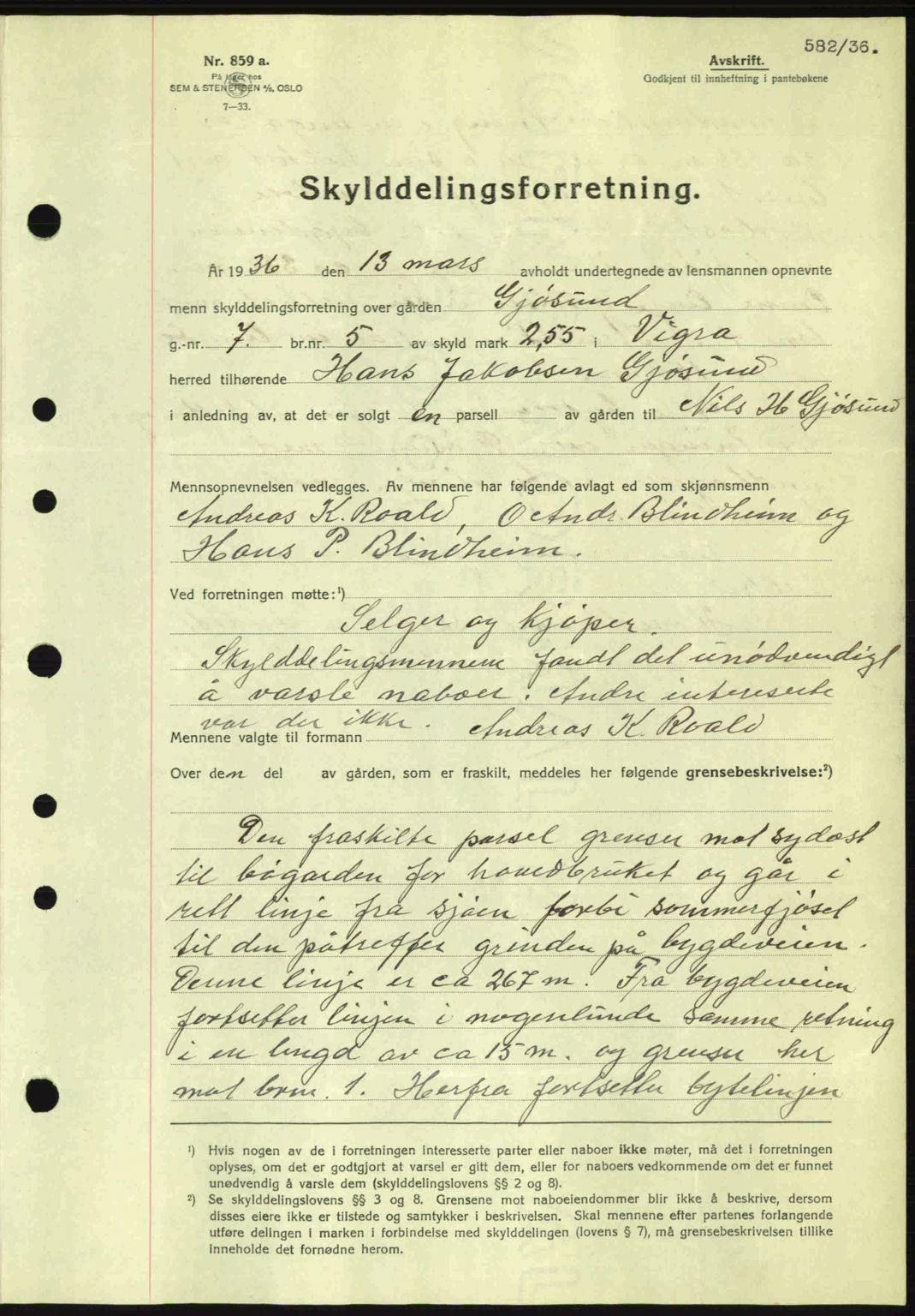 Nordre Sunnmøre sorenskriveri, AV/SAT-A-0006/1/2/2C/2Ca: Mortgage book no. A1, 1936-1936, Diary no: : 582/1936