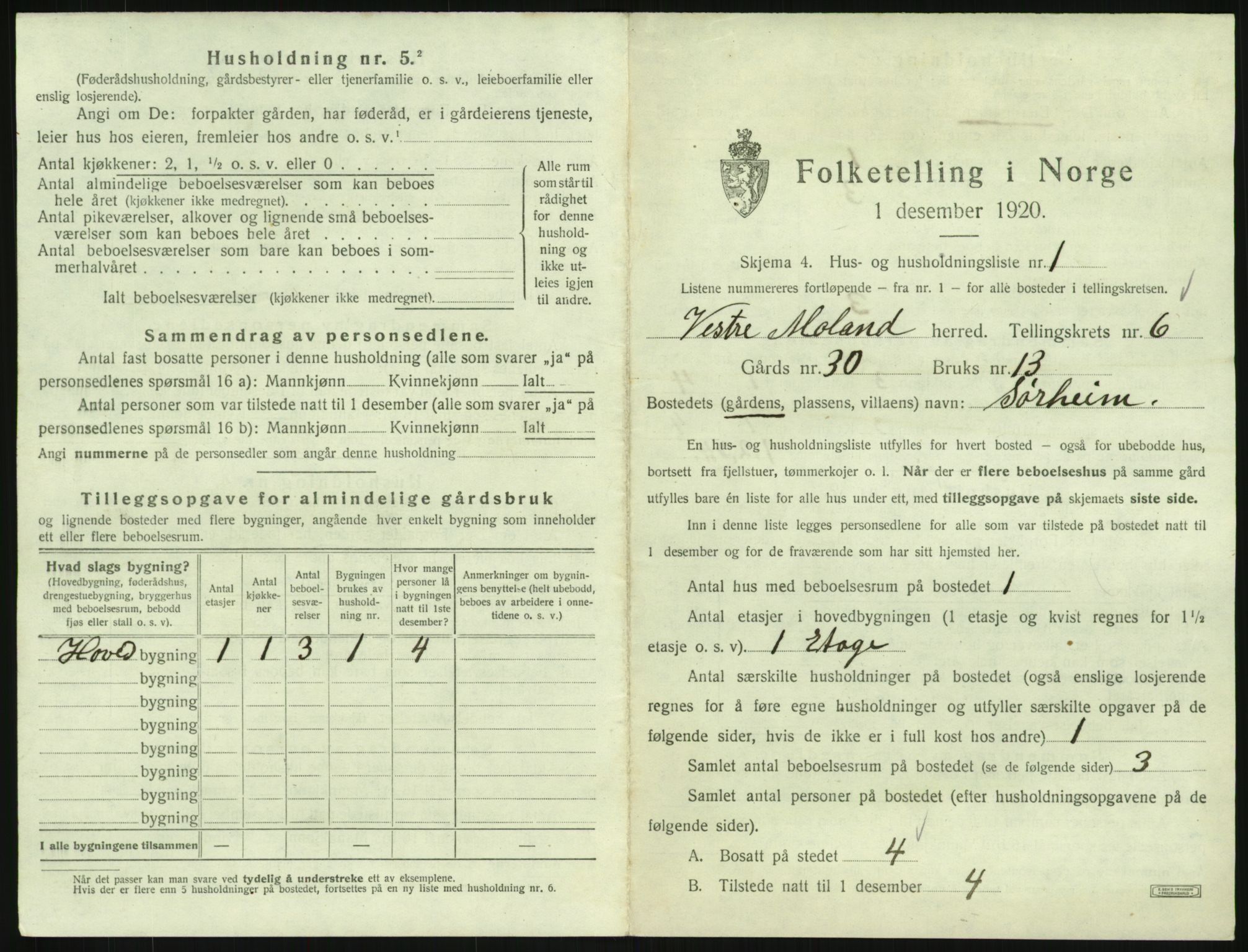 SAK, 1920 census for Vestre Moland, 1920, p. 819