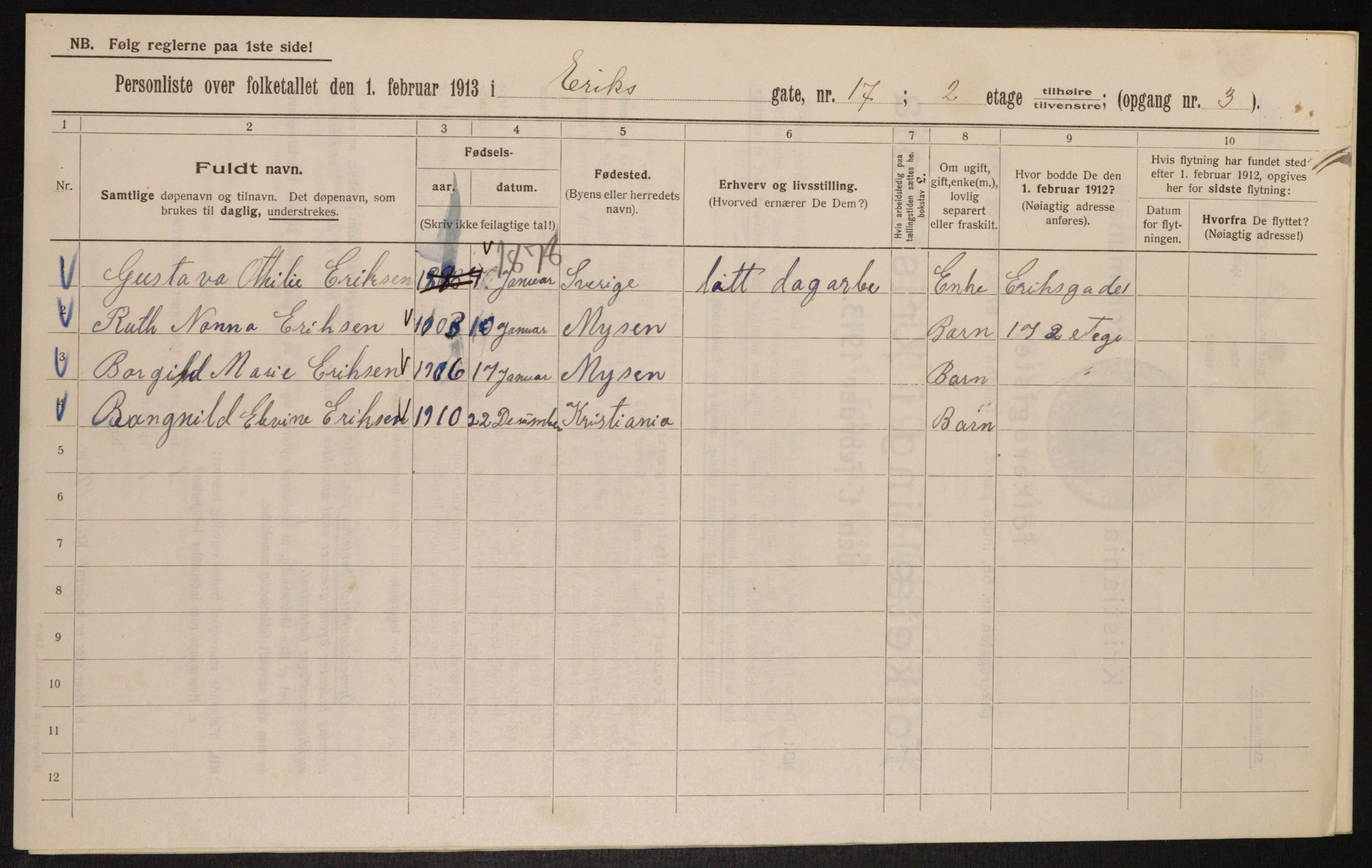 OBA, Municipal Census 1913 for Kristiania, 1913, p. 20191