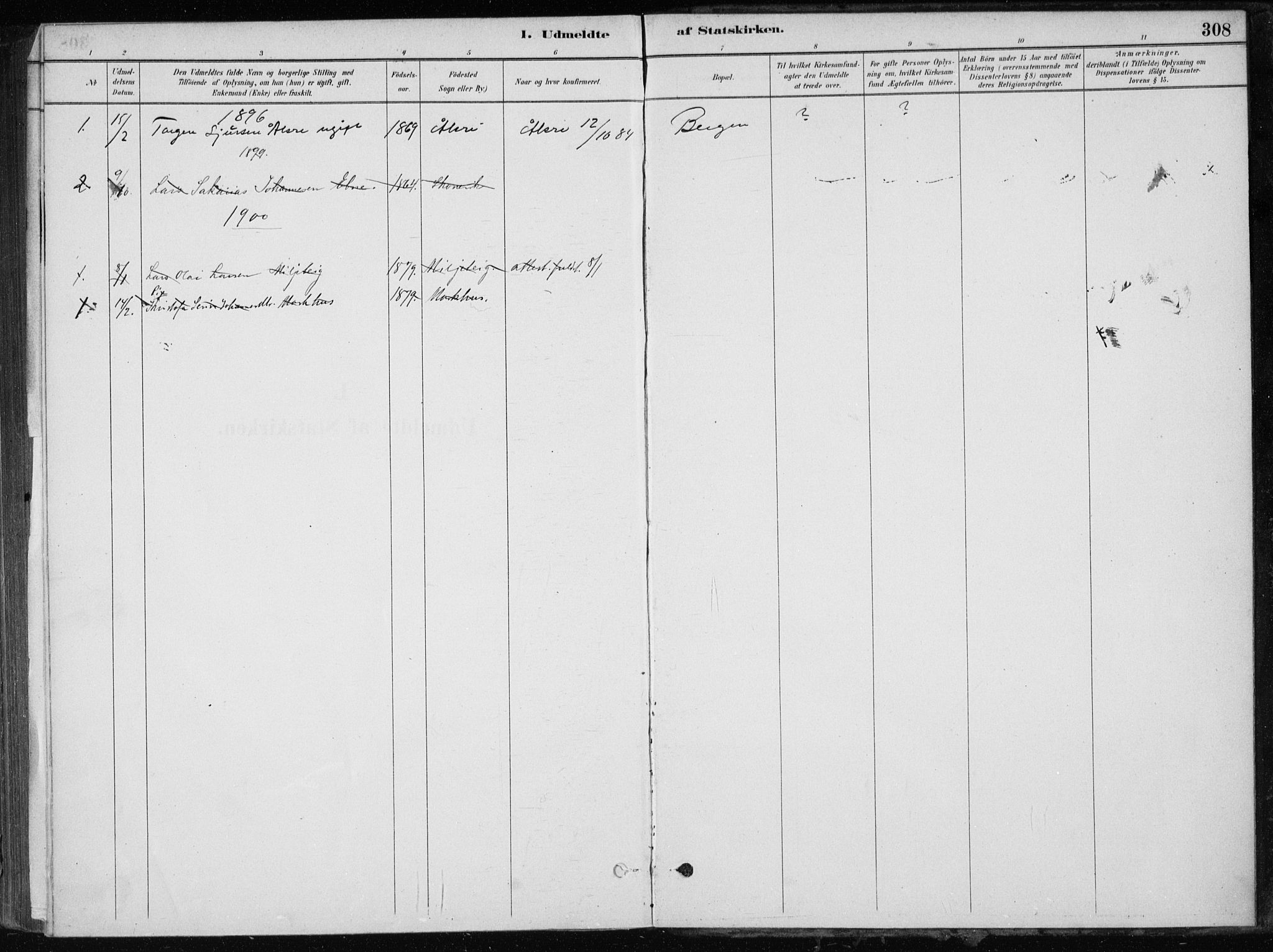 Skånevik sokneprestembete, SAB/A-77801/H/Haa: Parish register (official) no. E  1, 1879-1901, p. 308