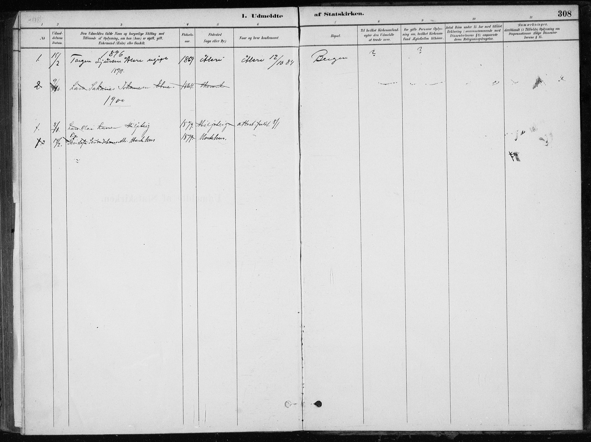 Skånevik sokneprestembete, AV/SAB-A-77801/H/Haa: Parish register (official) no. E  1, 1879-1901, p. 308