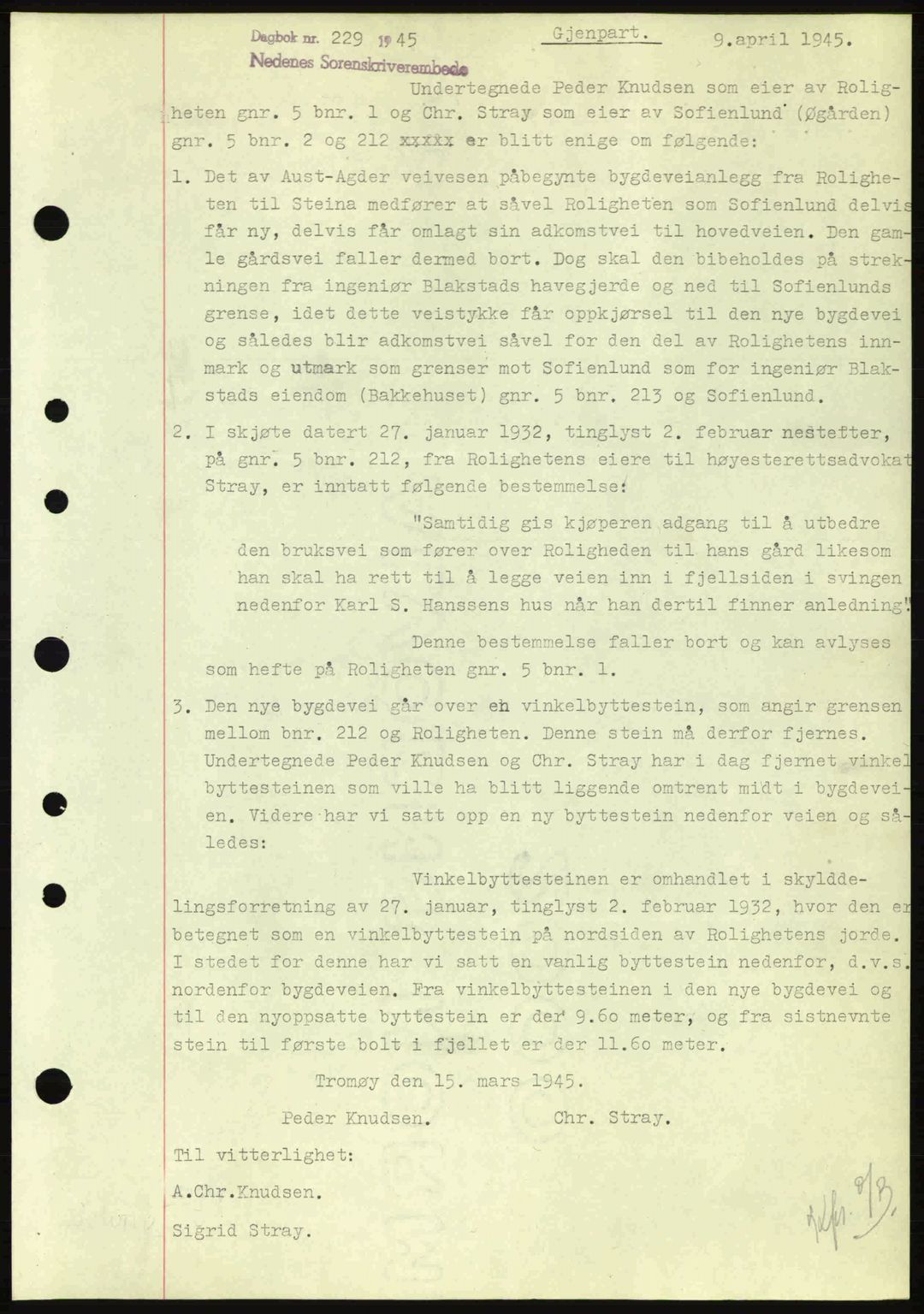Nedenes sorenskriveri, SAK/1221-0006/G/Gb/Gba/L0052: Mortgage book no. A6a, 1944-1945, Diary no: : 229/1945