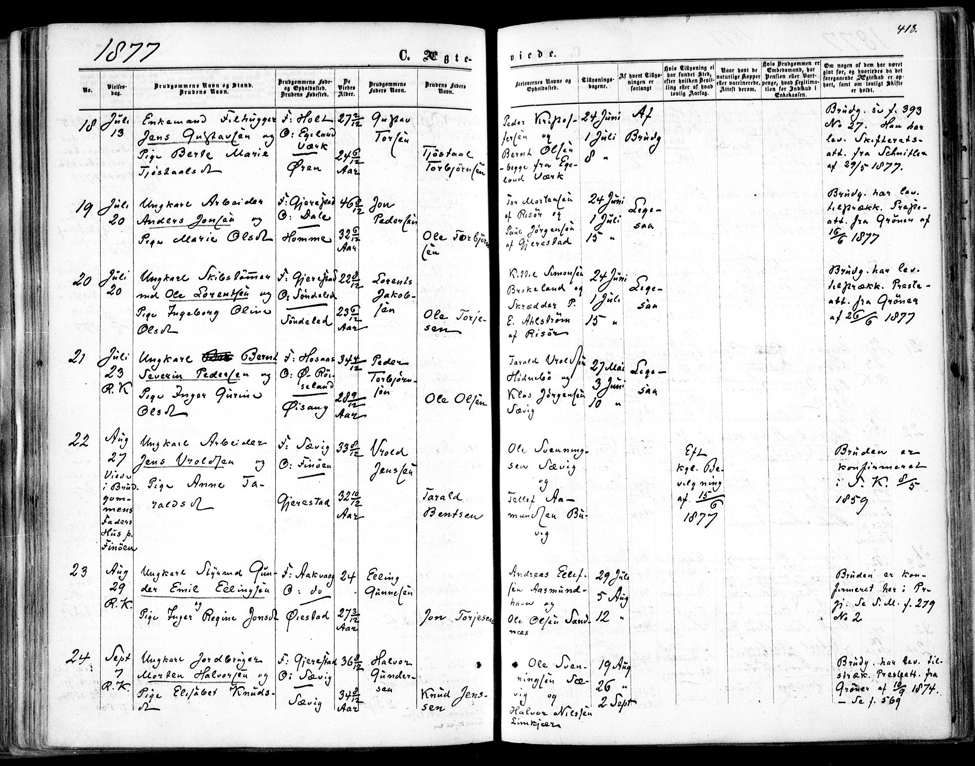 Søndeled sokneprestkontor, AV/SAK-1111-0038/F/Fa/L0003: Parish register (official) no. A 3, 1861-1879, p. 418